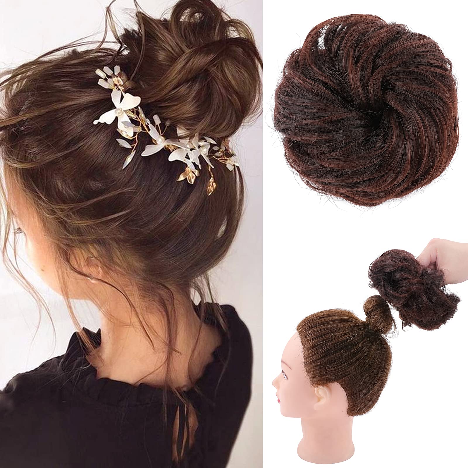 Silk-co Thick Hair Bun Extensions Messy Curly Hair Scrunchies Hairpieces Synthetic Donut Updo Hair Pieces for Women Girls - Black to Dark Auburn