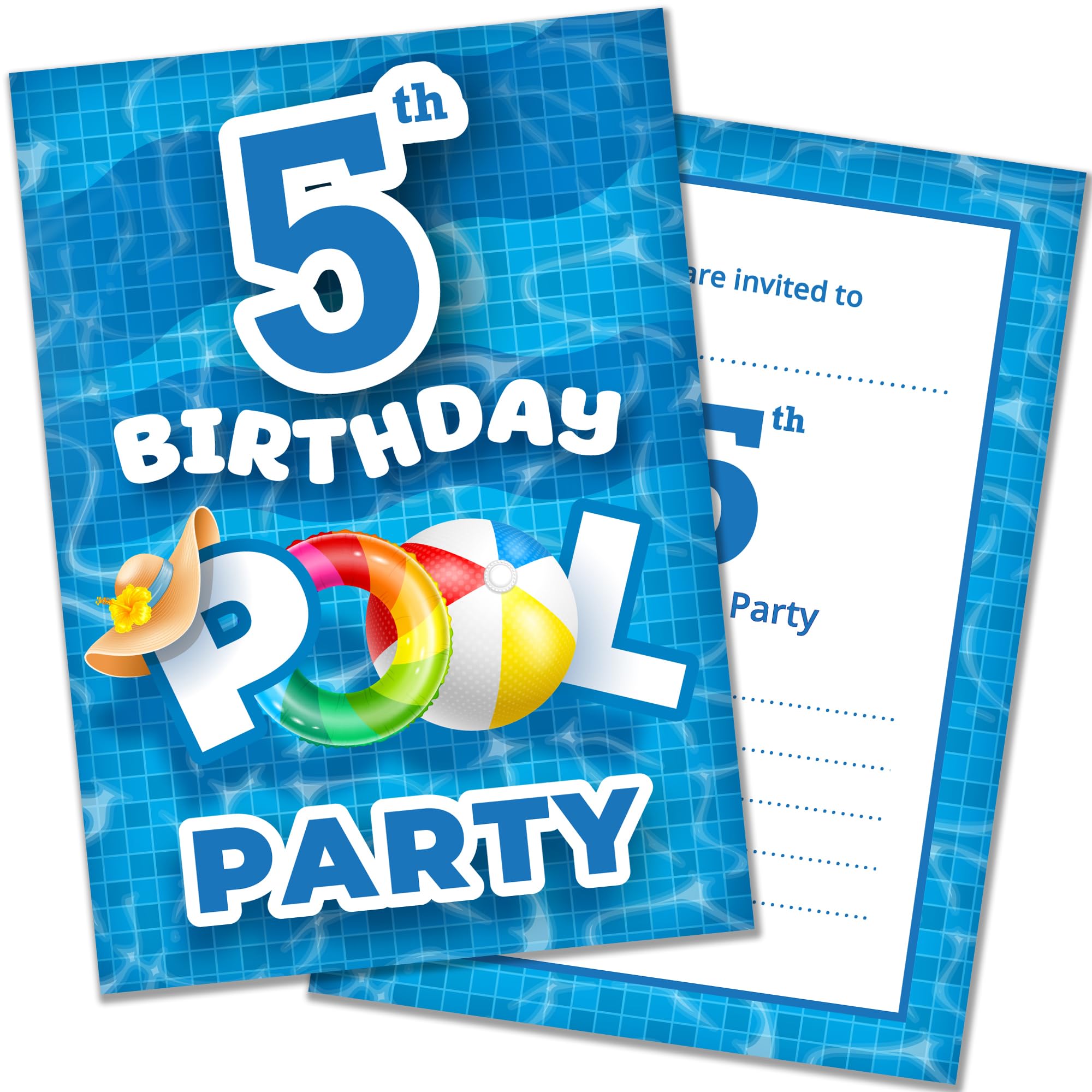 Olivia Samuel Pack of 20 Pool Party 5th Birthday Invitations with Envelopes - Ready to Write – Designed and Printed in the UK — image 1