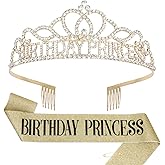 CIEHER Birthday Princess Crown and Sash - Gold Birthday Decorations Set, Princess Crown Tiara for Women and Girls, Crystal Tiara