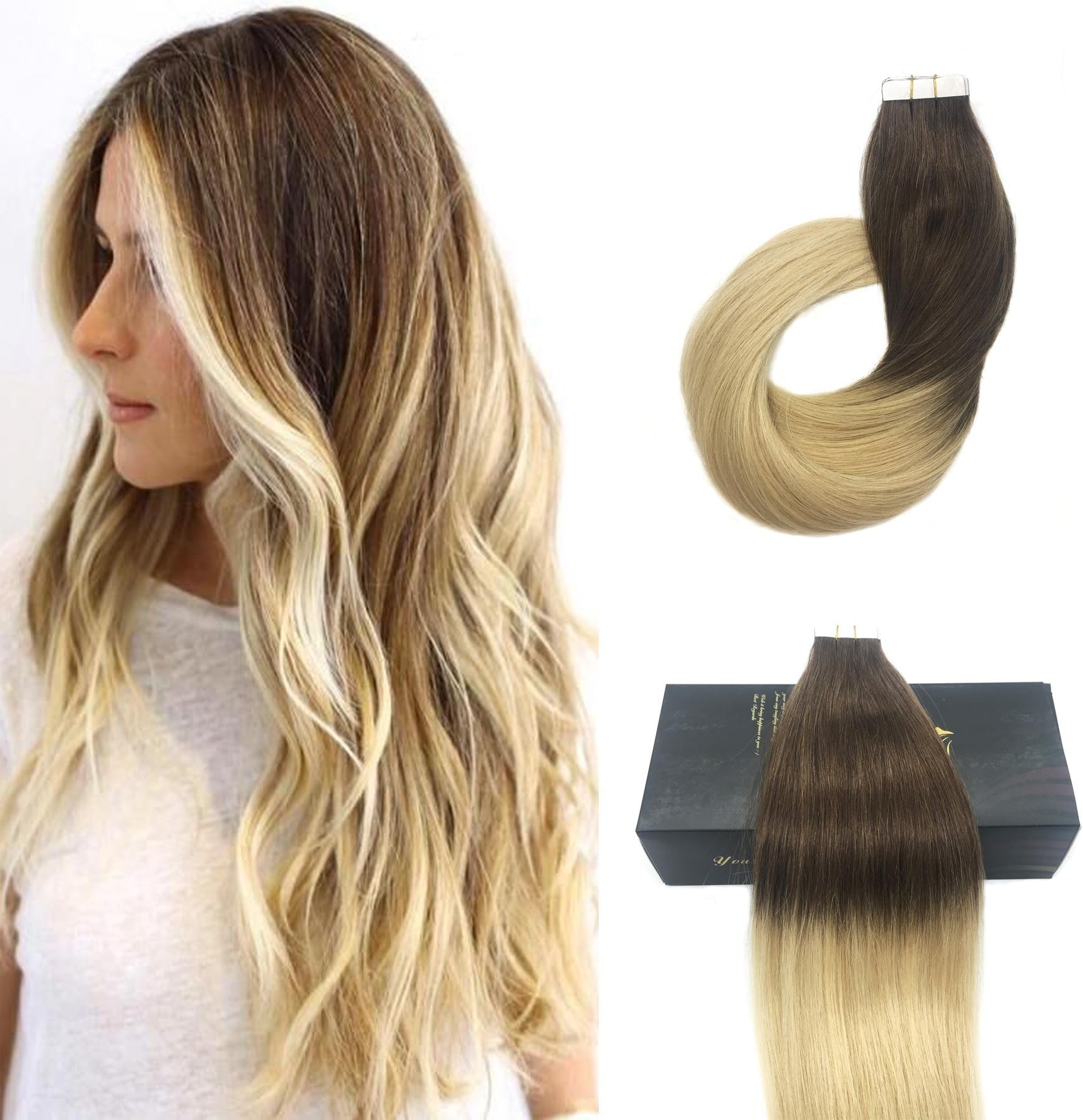 Doores 22inch Tape In Two Tone Chestnut Brown #6 to Bleach Blonde #613 Hair Extensions Human Hair Balayage Color Full Head Ombre Blonde Tape In Hair Extensions 20pcs 50g