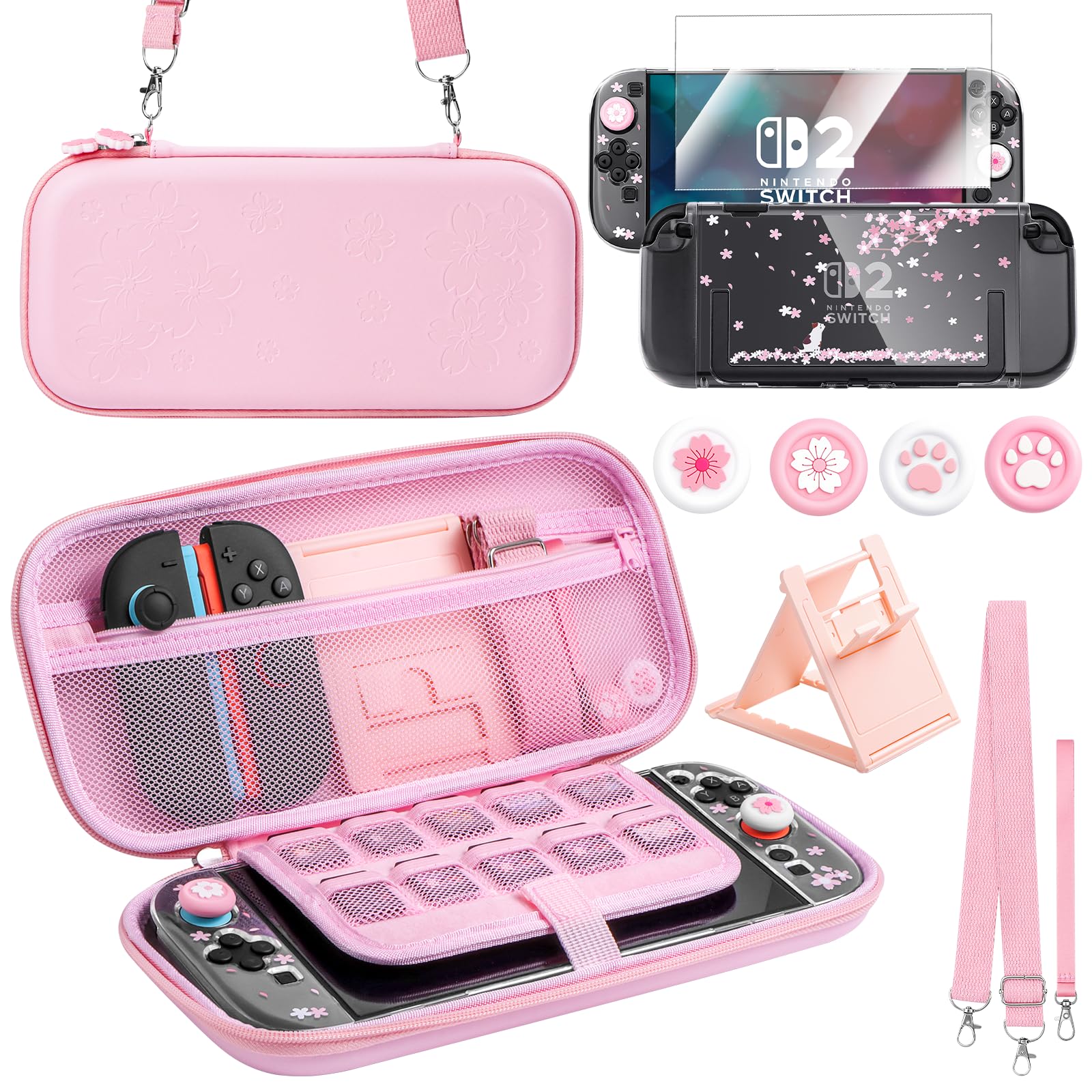 BRHE Cute Travel Carrying Case for Nintendo Switch 2 (2025) Accessories Kit with Protective Cover, Glass Screen Protector, Adjustable Stand and Thumb Grip Caps 10 in 1 (Switch 2 Pink)