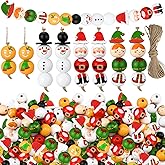 Suzile 150 Pcs Christmas Wood Beads with Twine Xmas Santa Gingerbread Man Snowman Elf Wooden Bead Farmhouse Rustic Round Wooden Beads for Crafts DIY Christmas Winter Party Supplies Decor Ornaments