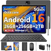 Android Tablet, 2026 Android 16 Tablet with Keyboard, 26GB+256GB, Gemini AI | 10 inch AI Tablet with Gemini AI, 8-Core, 8000mAh, Widevine L1, GMS, Electronics Tablets PC with Case/Mouse/Stylus (Silver）