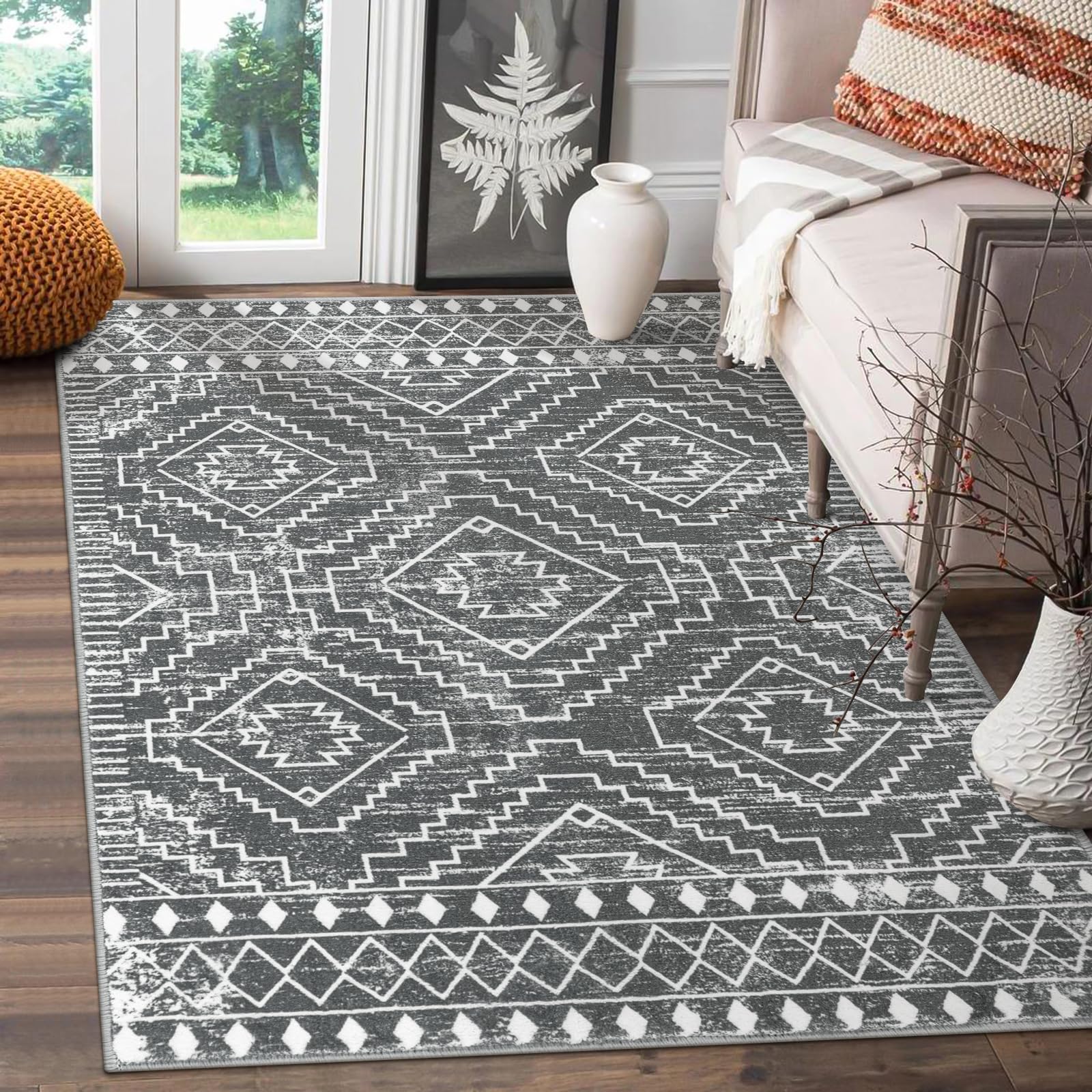Photo 1 of Wonnitar Moroccan 4x6 Area Rug, Washable Dark Gray Living Room Rug, Non-Slip Boho Rug for Bedroom, Farmhouse Non-Shedding Soft Indoor Carpet for Kitchen Entryway Mud Room (Dark Grey,4'x6')