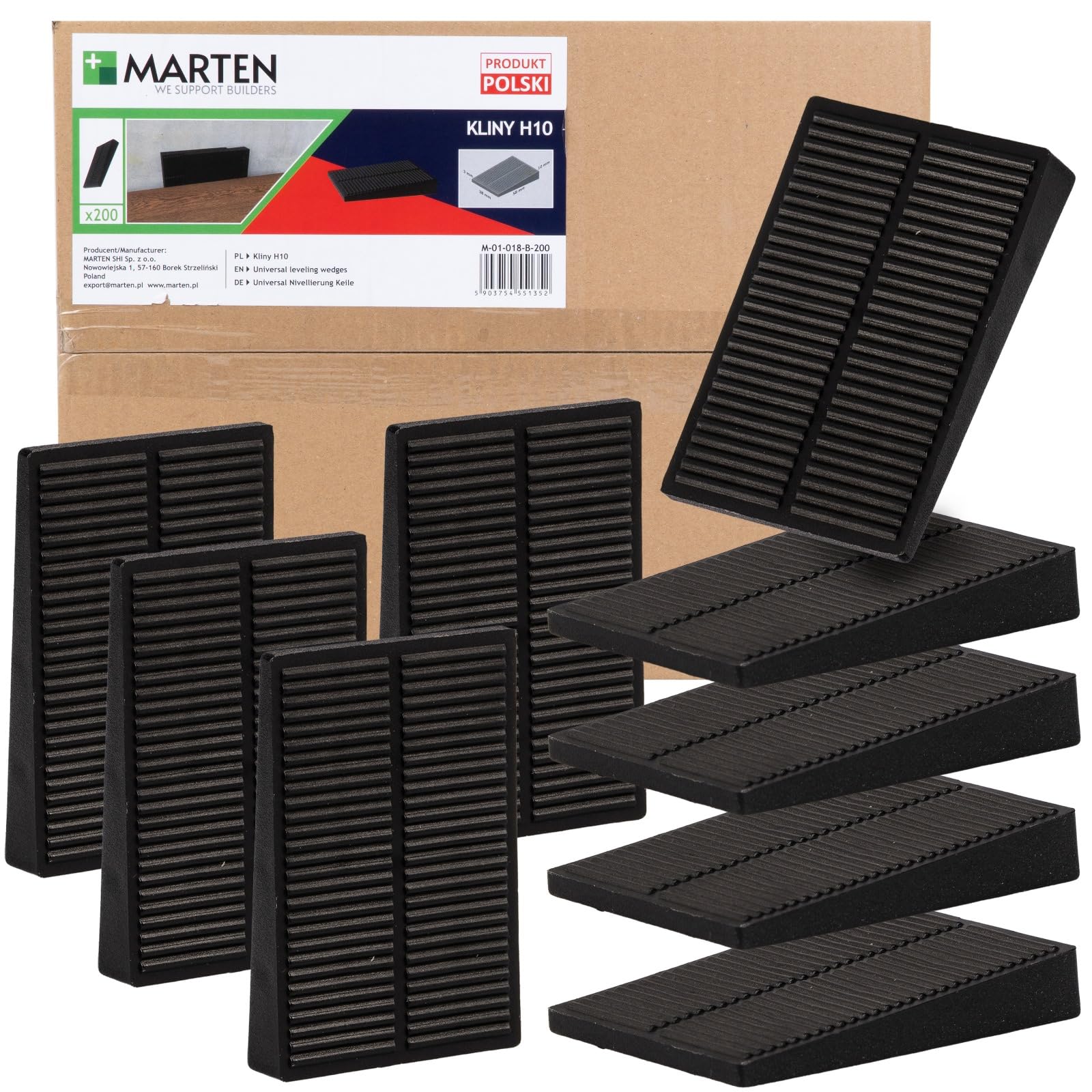 MARTEN Plastic Mounting Wedges - Universal Wedges for Precise Alignment and Fixing of Doors, Windows and Roof Battens | Black, 10 mm Height, 58 mm Length, 38 mm Width (10 x 58 x 38 mm, Pack of 200)