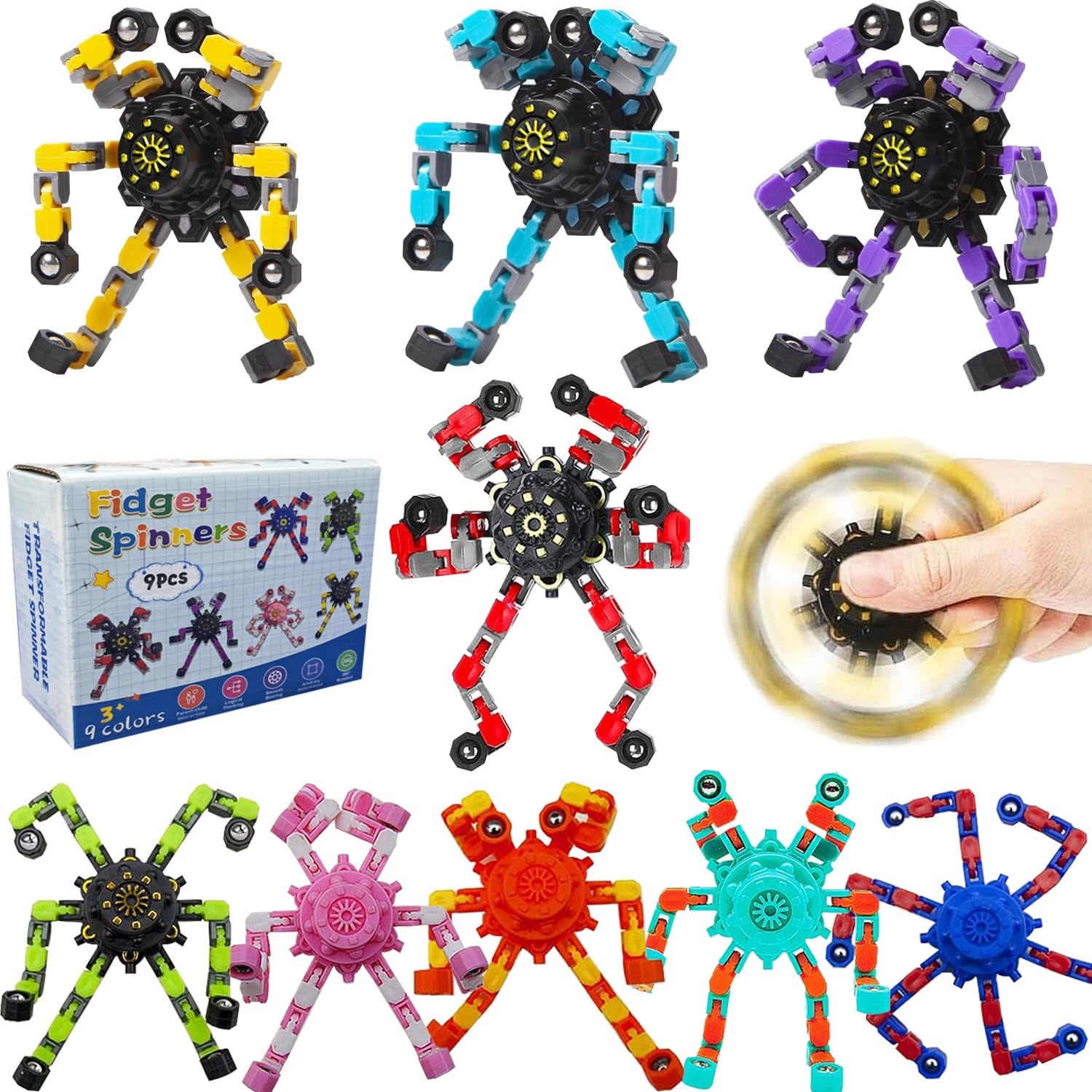 Transformable Fidget Spinners 9-Pack – Sensory Toys for Kids & Adults with ADHD, Autism, Anxiety Relief Easter Gifts