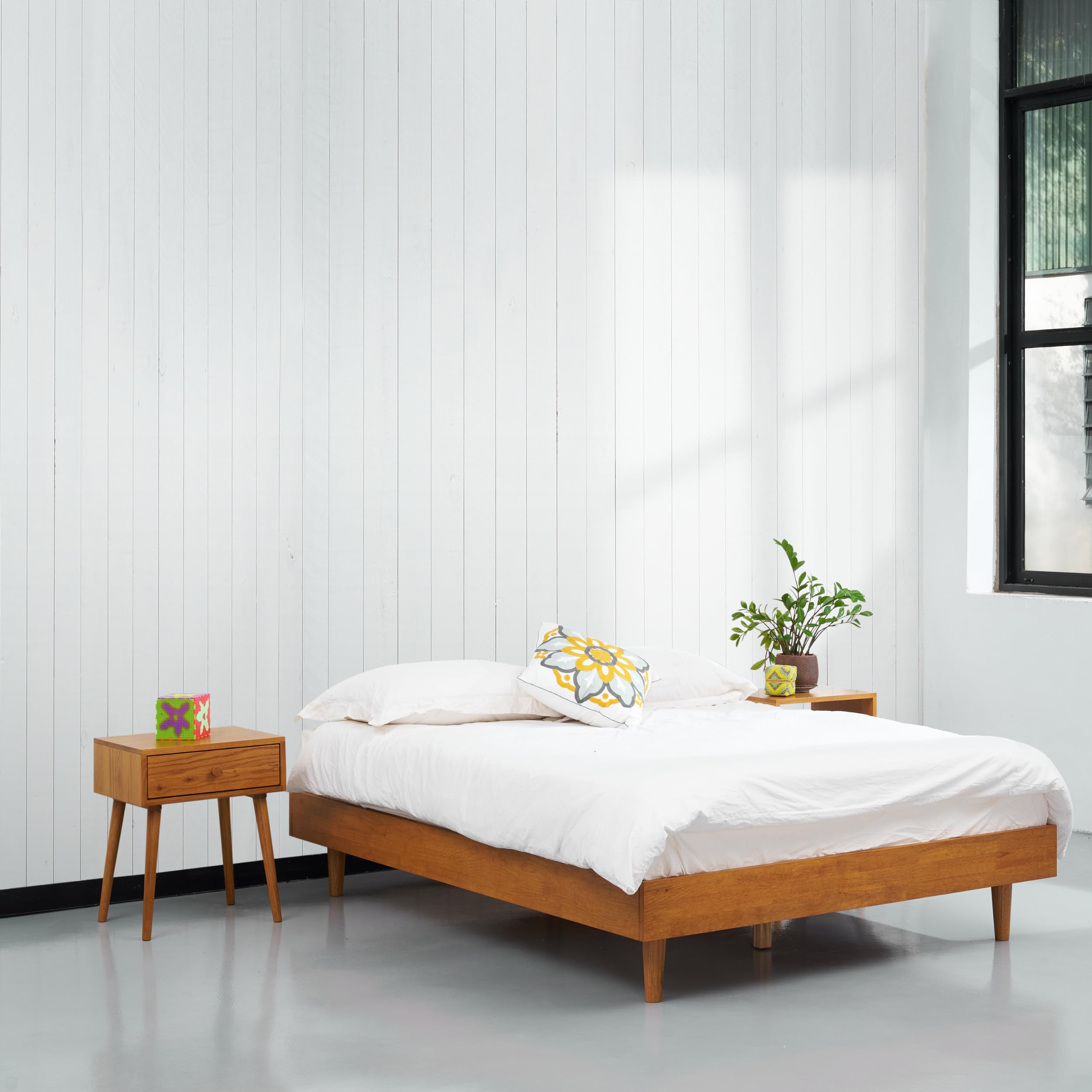 Photo 1 of NTC Fly Wooden Bed Frame Without Headboard, Solid Wood Foundation with Silent Slats and Wood Central Supports, 1000 Lb Capacity, Effortless Assembly, Full - Rustic Oak