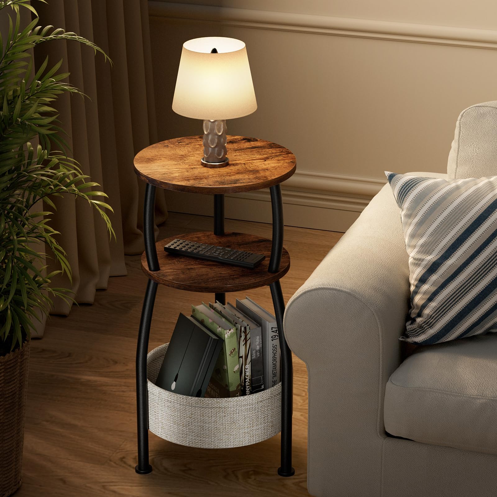 Yuede Round Side Table for Small Spaces with Storage Basket –Small End Table 3-Tier Night Stand Sofa Corner Table for Living Room, Bedroom, Patio and More 24in Tall Rustic Brown
