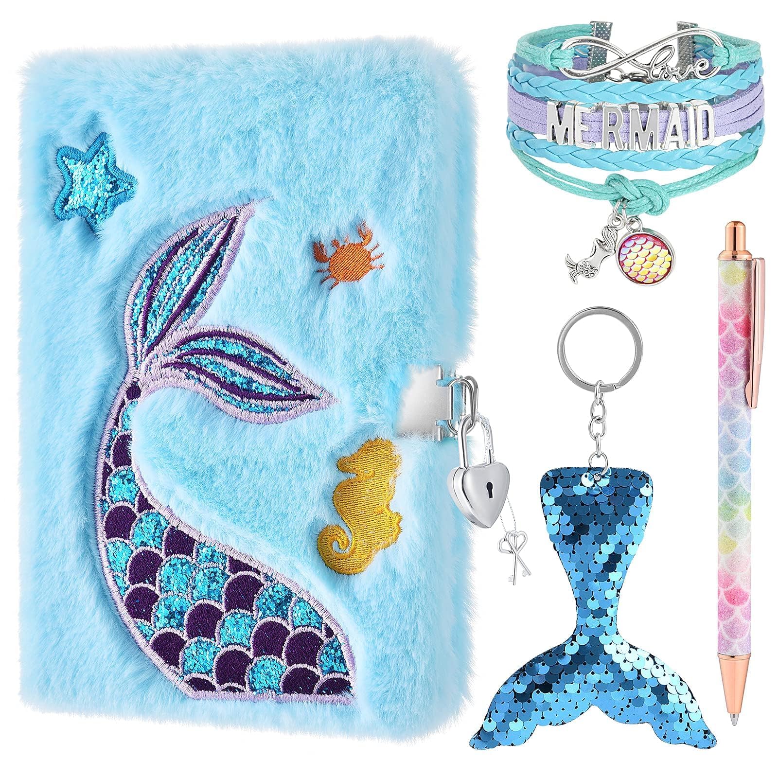 WERNNSAI Plush Mermaid Notebook Set - Glitter Diary for Kids Embroidery Patterns Journal School Travel Notepad Ballpoint Pens Key Rings Bracelets Locks Keys