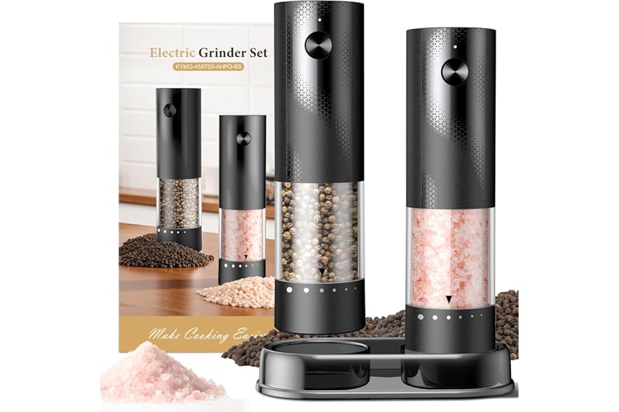 Electric Salt and Pepper Grinder Set - Rechargeable Automatic Salt and Pepper Shakers, Kitchen Appliances with External Adjustable Coarseness, Larger Hopper for Cooking, Home Gifts(2 Pack,Black/Black)