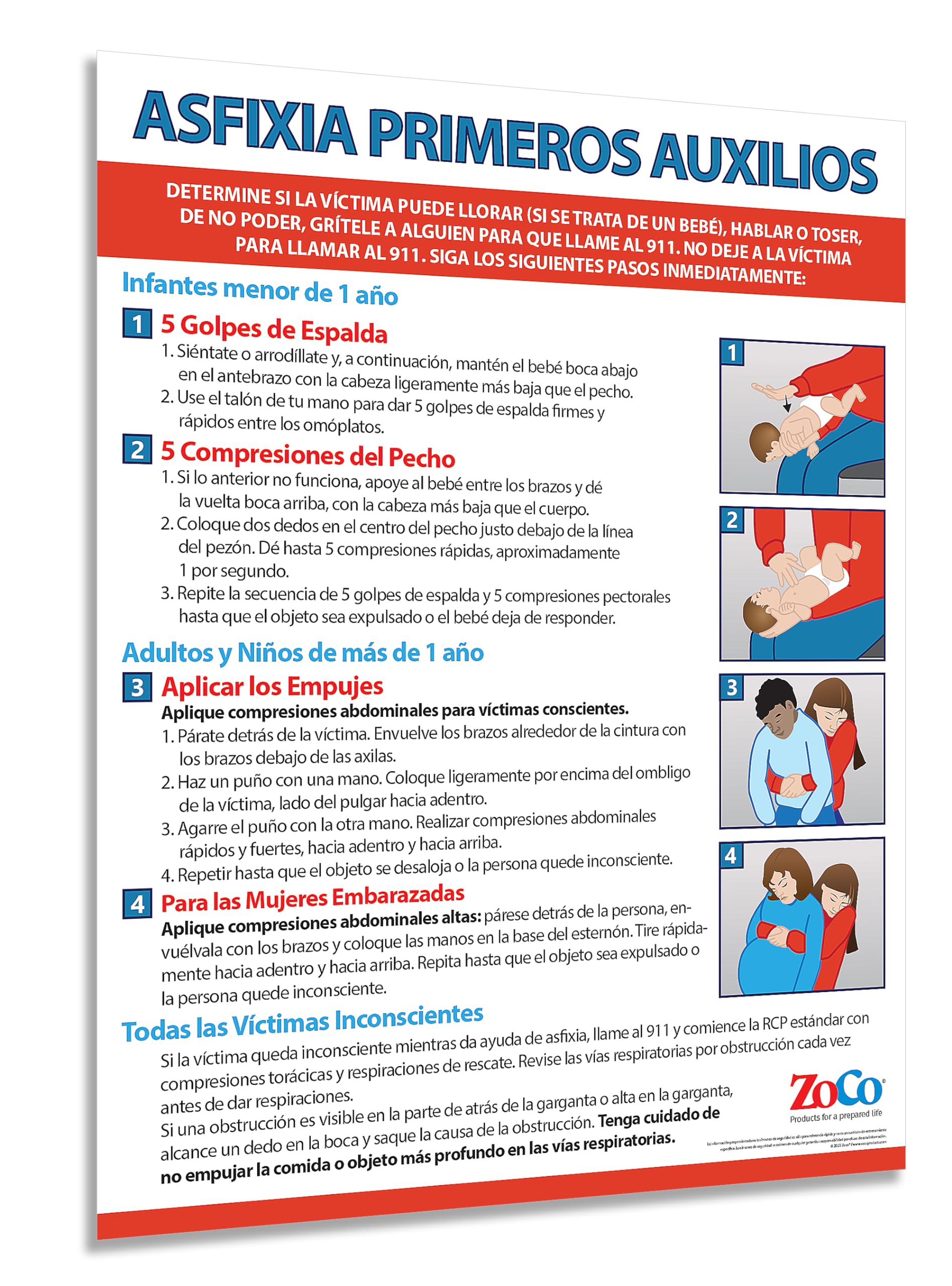 Choking Poster for Infant, Child, Adult in Spanish (1 Pack) - Heimlich Maneuver Poster for Restaurants, Workplace, Schools - First Aid for Choking - Laminated, 17 x 22 inches