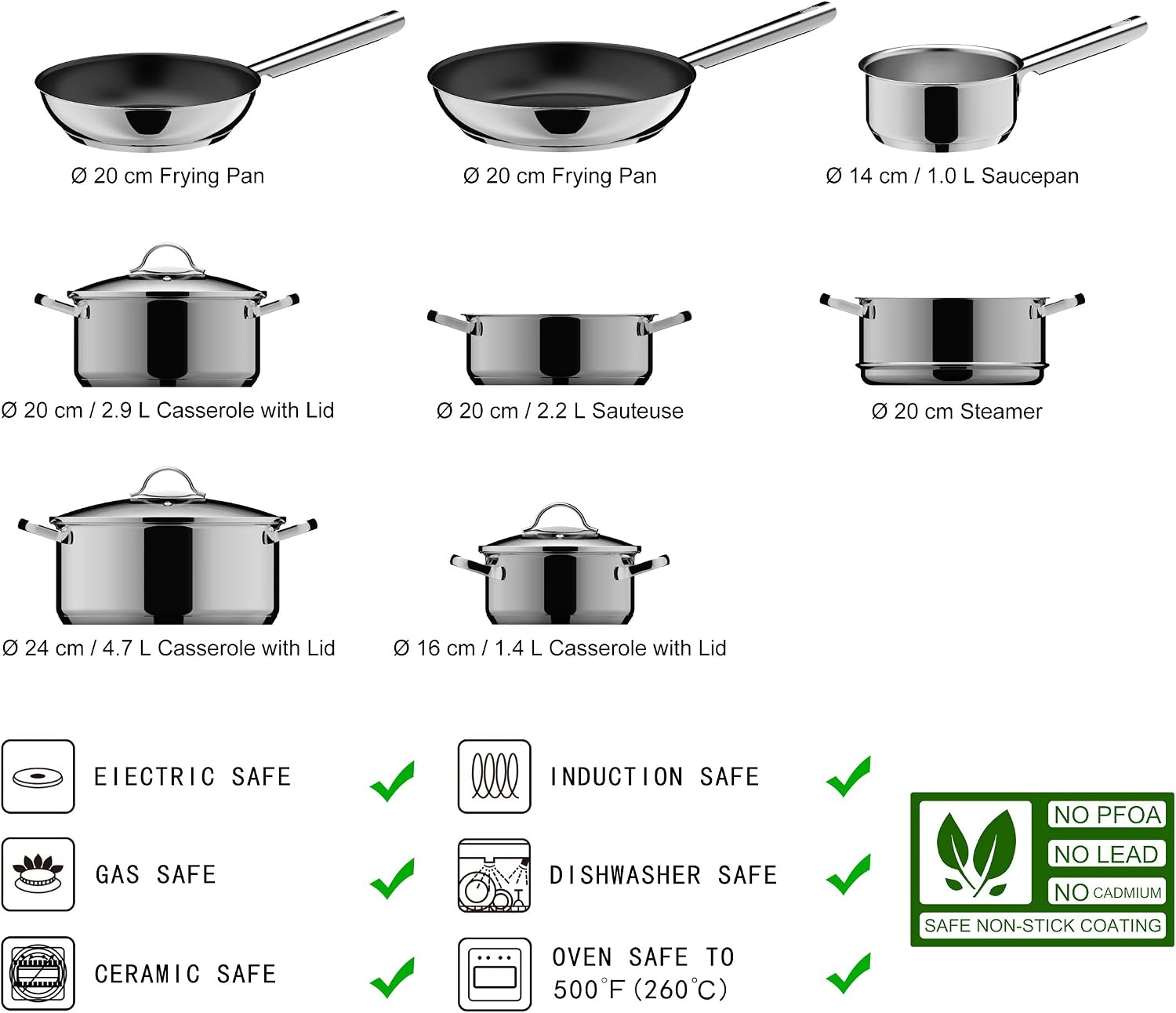 Amazon Basics 11-Piece Stainless Steel Induction Cookware Set, Including Non-Stick Frying Pan, Casserole and Saucepan with Lids, Silver - Image 4