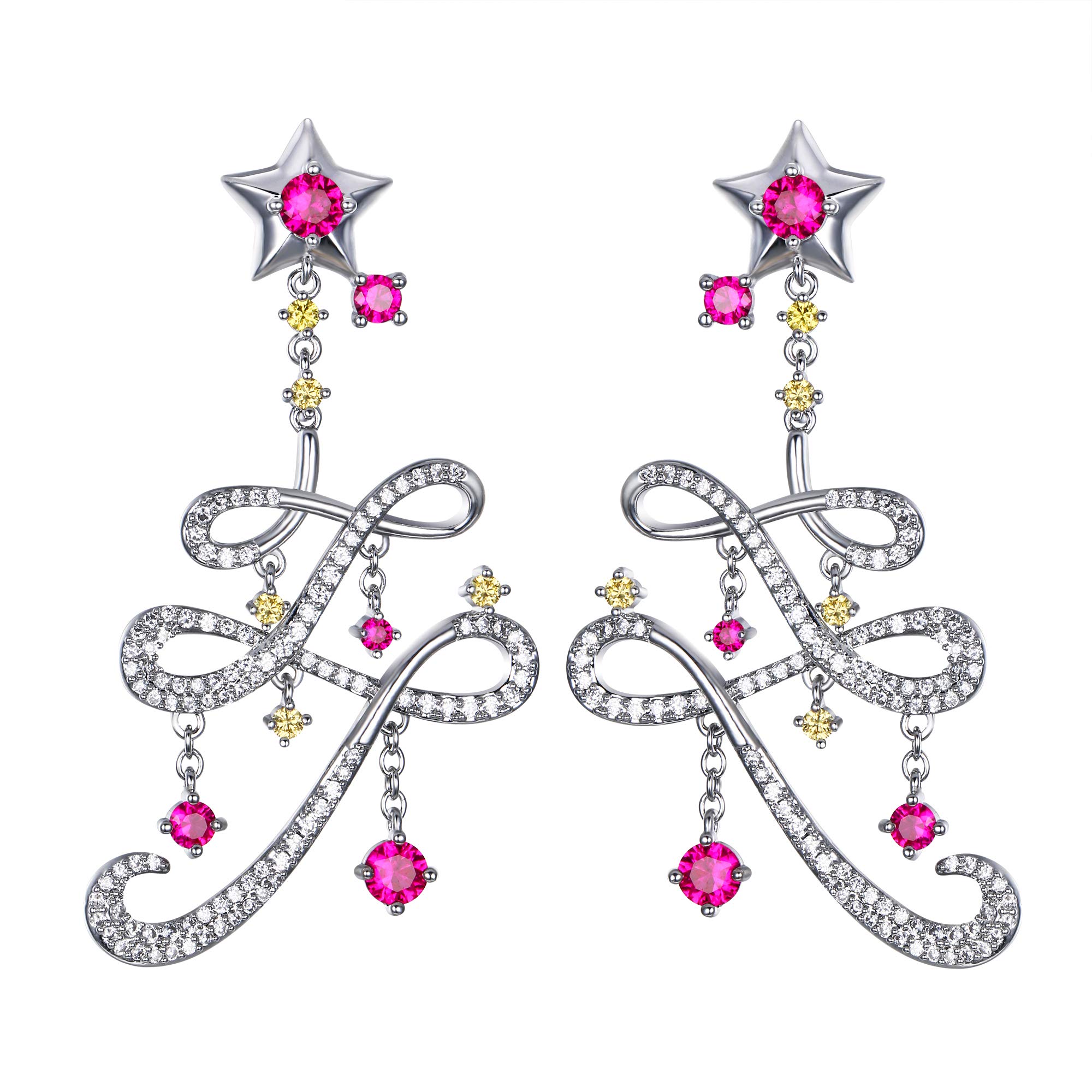 EVER FAITH Star Christmas Tree Holiday Muiticolor Round Cubic Zirconia Pierced Dangle Earrings Silver-Tone