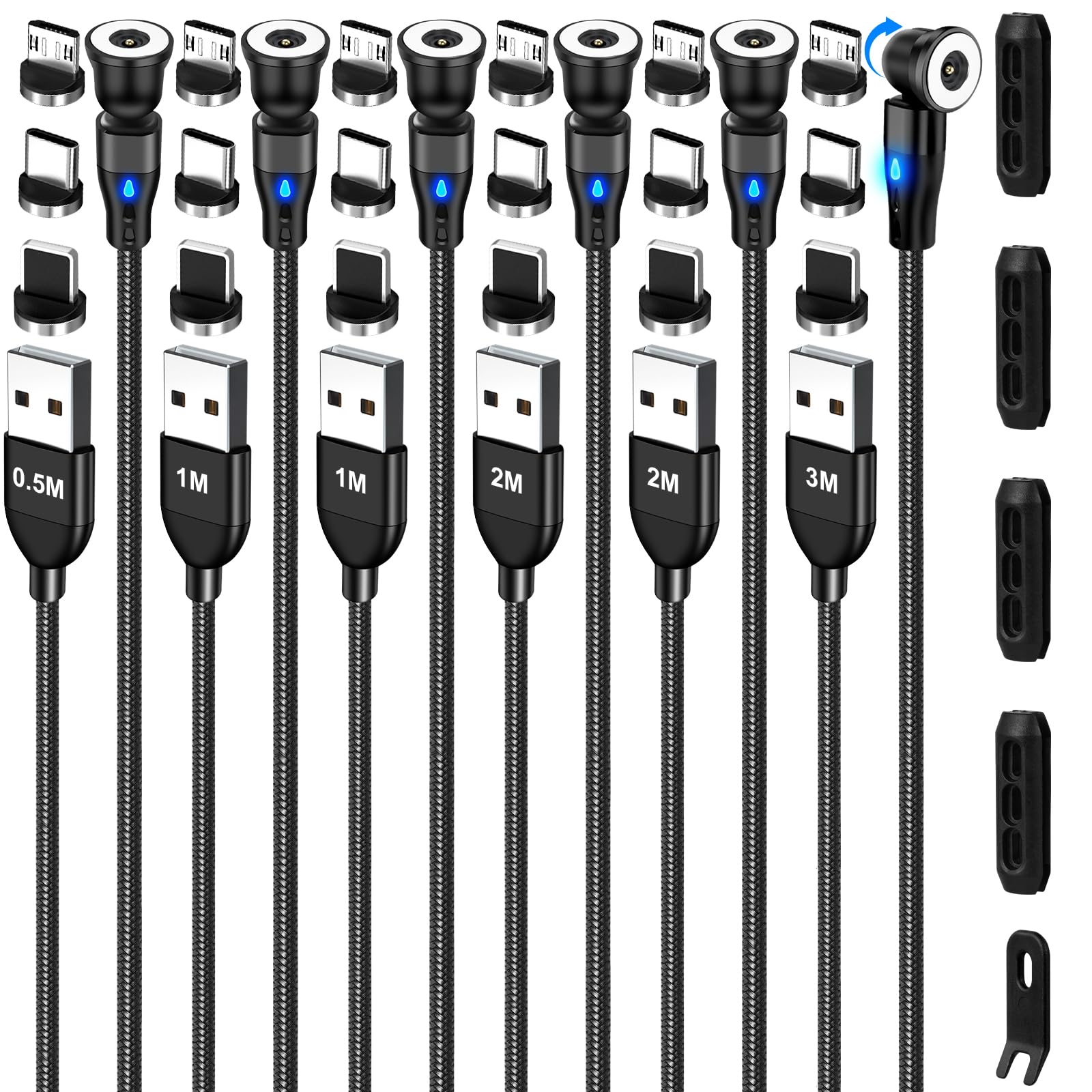 AXFEE 6Pack 12W Magnetic Charging Cable - 1.6ft/3.3ft/6.6ft/9.8ft USB with 6 Organizers, 3-in-1 1Pin Magnetic Charger for Type C/Micro USB/i-Products