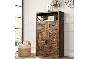 Befrases Farmhouse Storage Cabinet with Drawers and Shelves, Freestanding Kitchen Pantry Storage Cabinet, Floor Storage Cabinet Hutch Cupboard for Dining/Living Room/Home Office, Rustic Brown