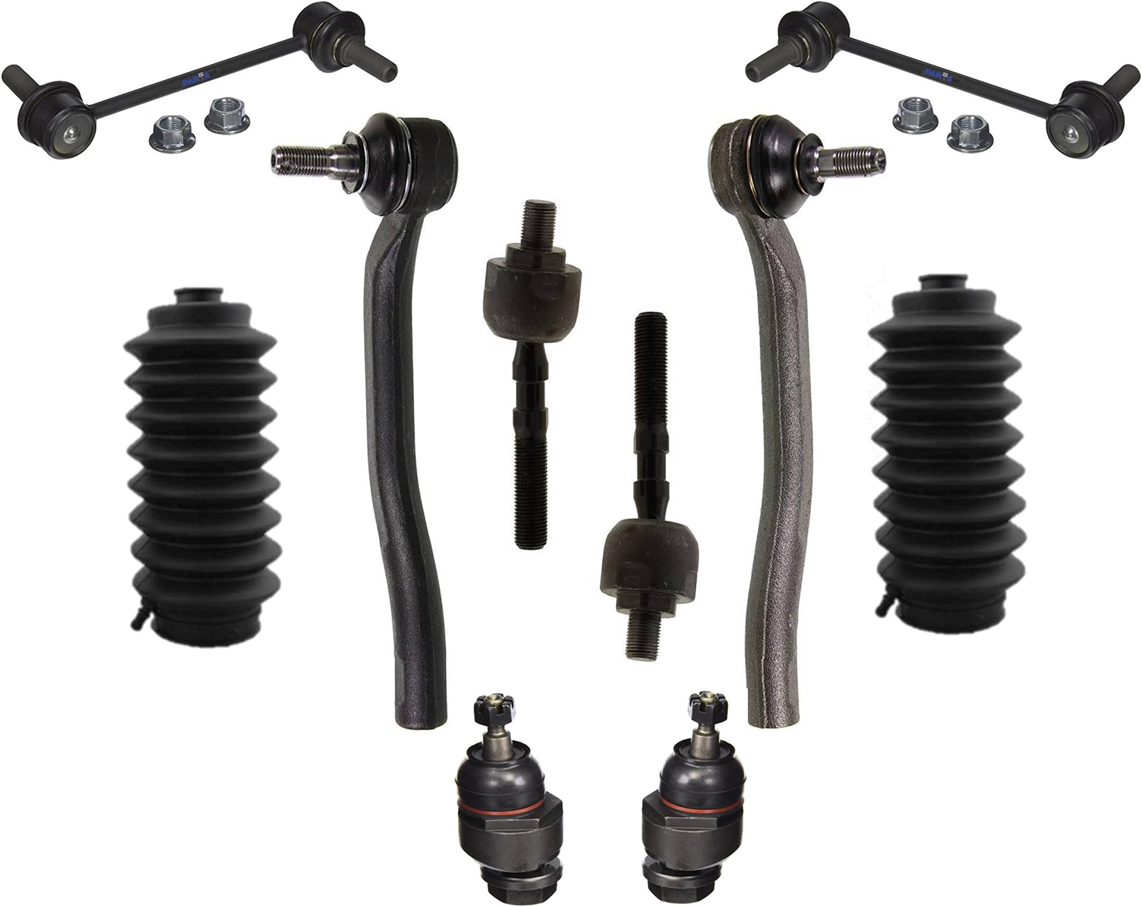 10 Pc New Complete Suspension Kit Rear Sway Bar End Links, Rack and Pinion Bellows, Front Upper Adjustable Ball Joints, Outer & Inner Tie Rod Ends