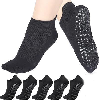 Zuimei 5 Pairs Non-Slip Grip Socks for Pilates Yoga UK 4-7 Black