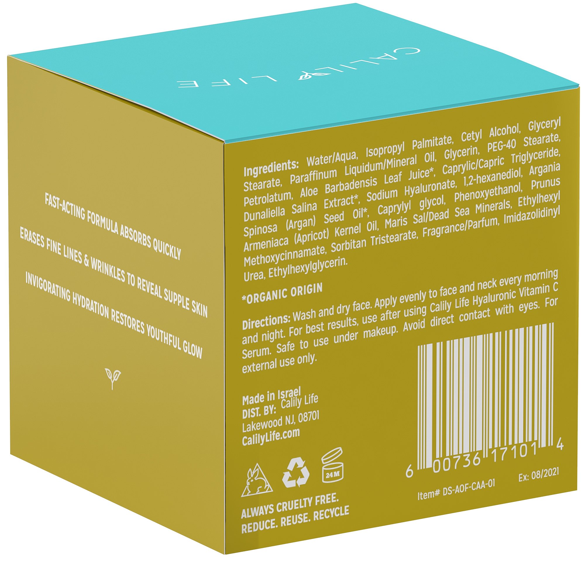 Calily Life Organic Argan Face Cream with Dead Sea Minerals, 1. 7 Oz. – Restores, Smooths, Moisturizes and Regenerates - Powerful Hydration - Combats Wrinkles and Aging - [ENHANCED]