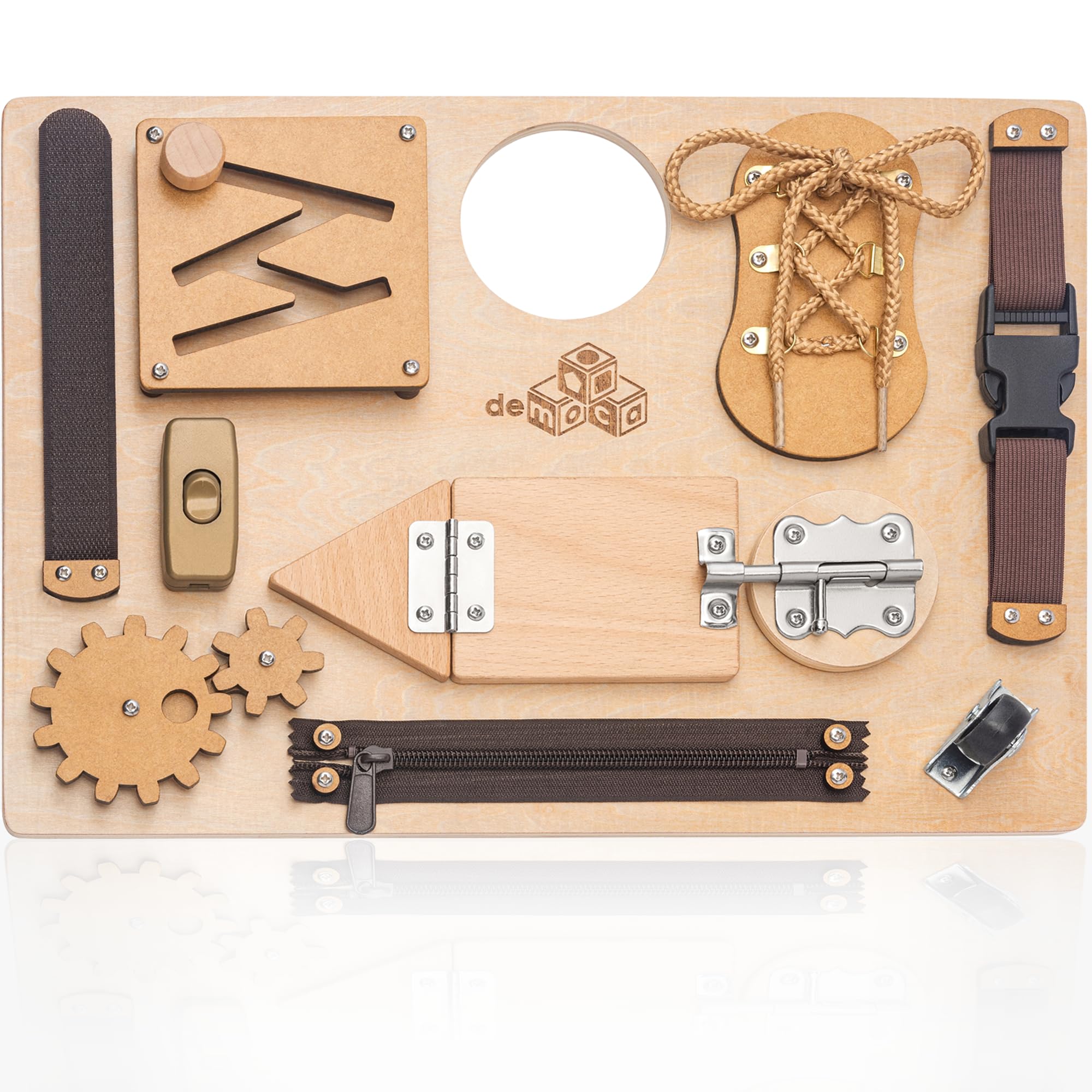 Photo 1 of Montessori Busy Board for Toddlers, Premium Wooden Toddler Busy Board for 1 2 3 Year Old with 10 Educational Activities for Fine Motor Skills, Sensory Activity Toy for Travel, Gift for Boys & Girls