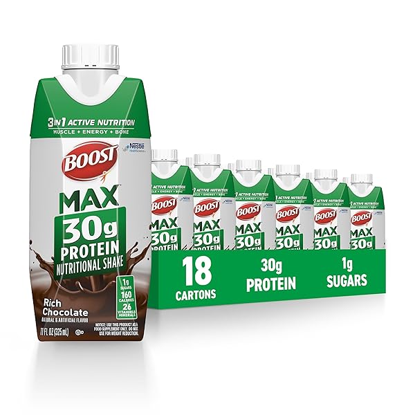 BOOST MAX PROTEIN SHAKES READY TO DRINK – 30G HIGH PROTEIN SHAKE – CHOCOLATE | NUTRITIONAL DRINKS TO SUPPORT MUSCLE RECOVERY AFTER EXERCISE, 26 VITAMINS & MINERALS, 1G SUGAR, 11 FL OZ (PACK OF 18)