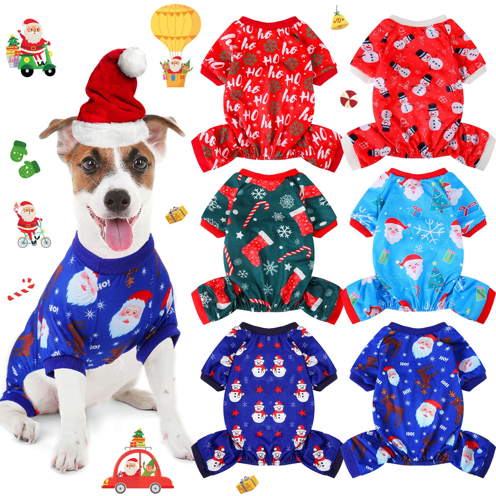 Xuniea 6 Pieces Christmas Dog Pajamas Christmas Jumpsuit Santa Snowman Christmas Tree Pet Pajamas Holiday Clothes Dog Puppy Christmas Style for Pet Puppy Dog Cat Christmas Decoration (Large)