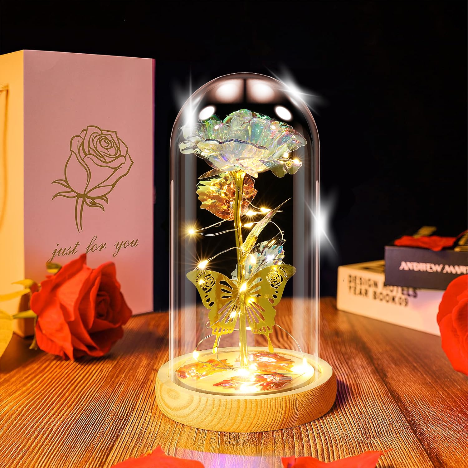 Beauty and The Beast Rose Lamp in The Glass Dome, Eternal Rose Artificial Flower with LED Light, Gift for Women Girl for Birthday Valentine's Day Mother's Day Christmas Anniversary