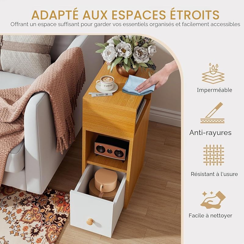 Lot de 2 Tables de Chevet Étroite,avec Tiroir,Naturelle WNS006N-2 — photo 2 sur 8