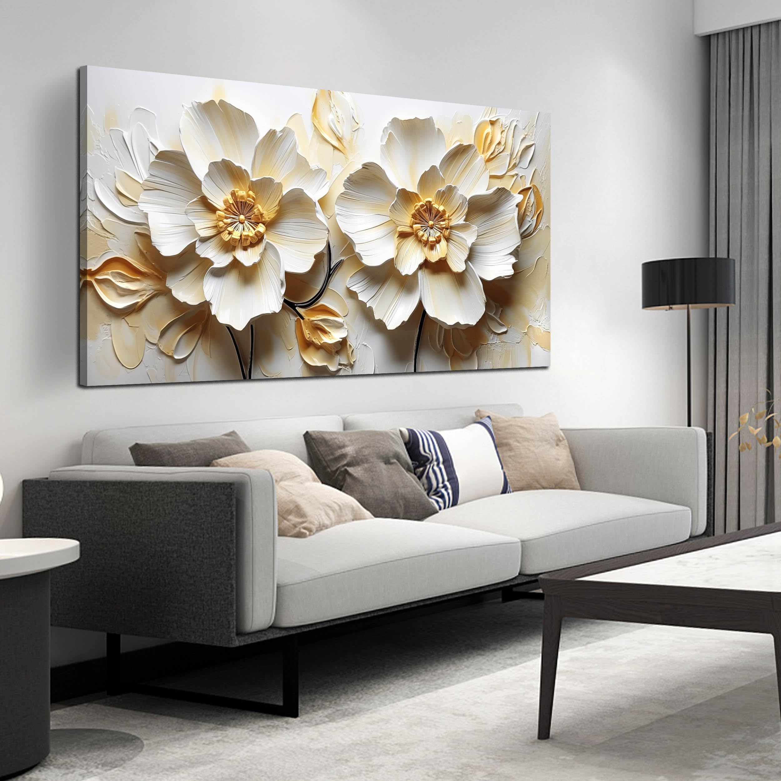 SKYRISE Cream Floral Wall Art for Living Room, Elegant Double White ...