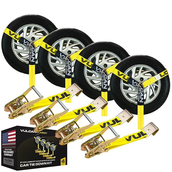 VULCAN CAR TIE DOWN WITH FLAT HOOKS – LASSO STYLE – 2 INCH X 96 INCH – 4 PACK – CLASSIC YELLOW – 3,300 POUND SAFE WORKING LOAD
