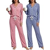 Simlakey 2 Pack Womens Pajama Sets Long Sleeve Button Down Sleepwear 2 Piece Soft Warm Notch Collar Nightwear Pjs Lounge Set