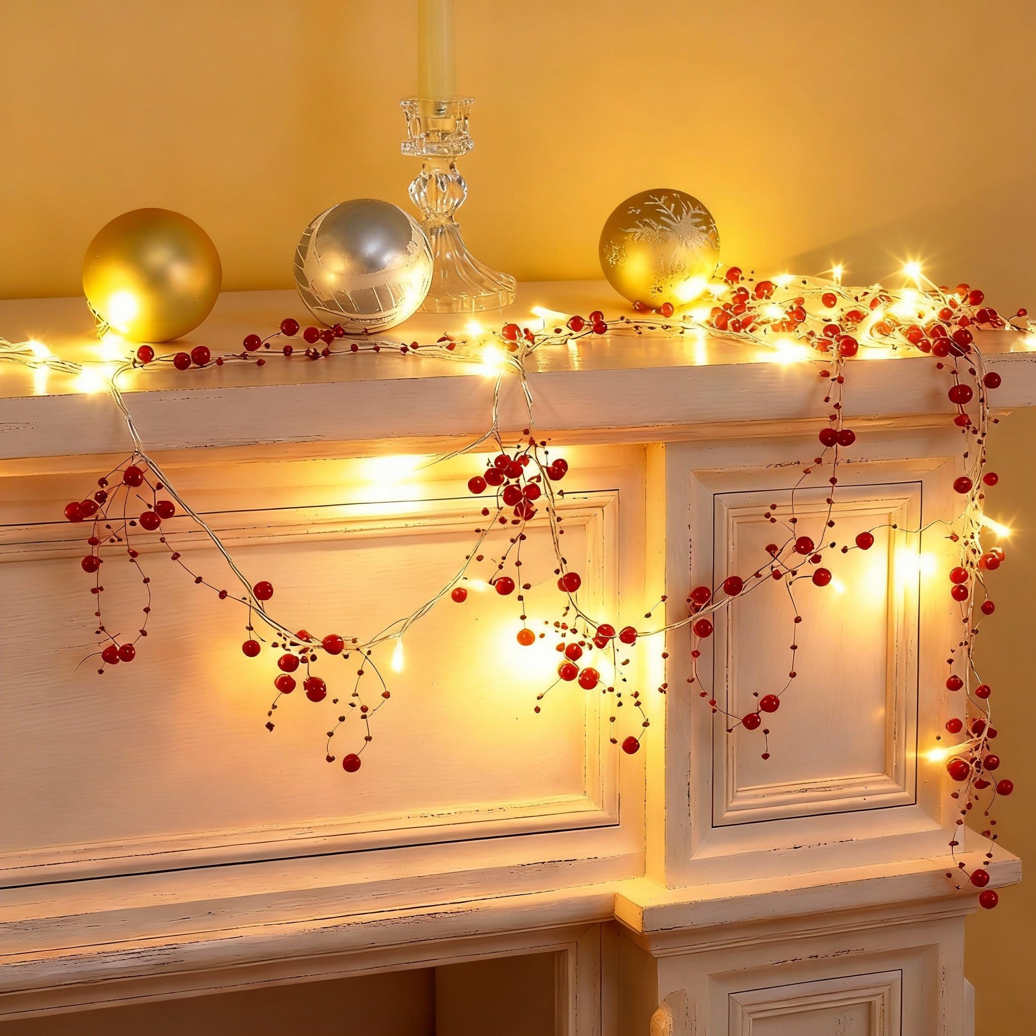 10 Feet 30 LED Christmas Light Metal Berry Beaded Garland Indoor Christmas String Lights for Fireplace Mantel Indoor Christmas Light Decorations (Red)