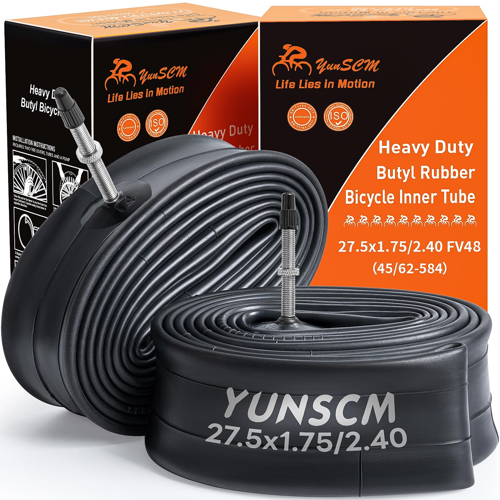 YunSCM 2PCS 27.5" Heavy Duty Bike Inner Tubes 27.5x1.75 27.5x1.95 27.5x2.10 27.5x2.25 27.5x2.35 27.5x2.40 45/62-584 FV48mm Presta Valve Compatible 27.5x1.75/1.95/2.0/2.10/2.25/2.35/2.40 Bike Tube