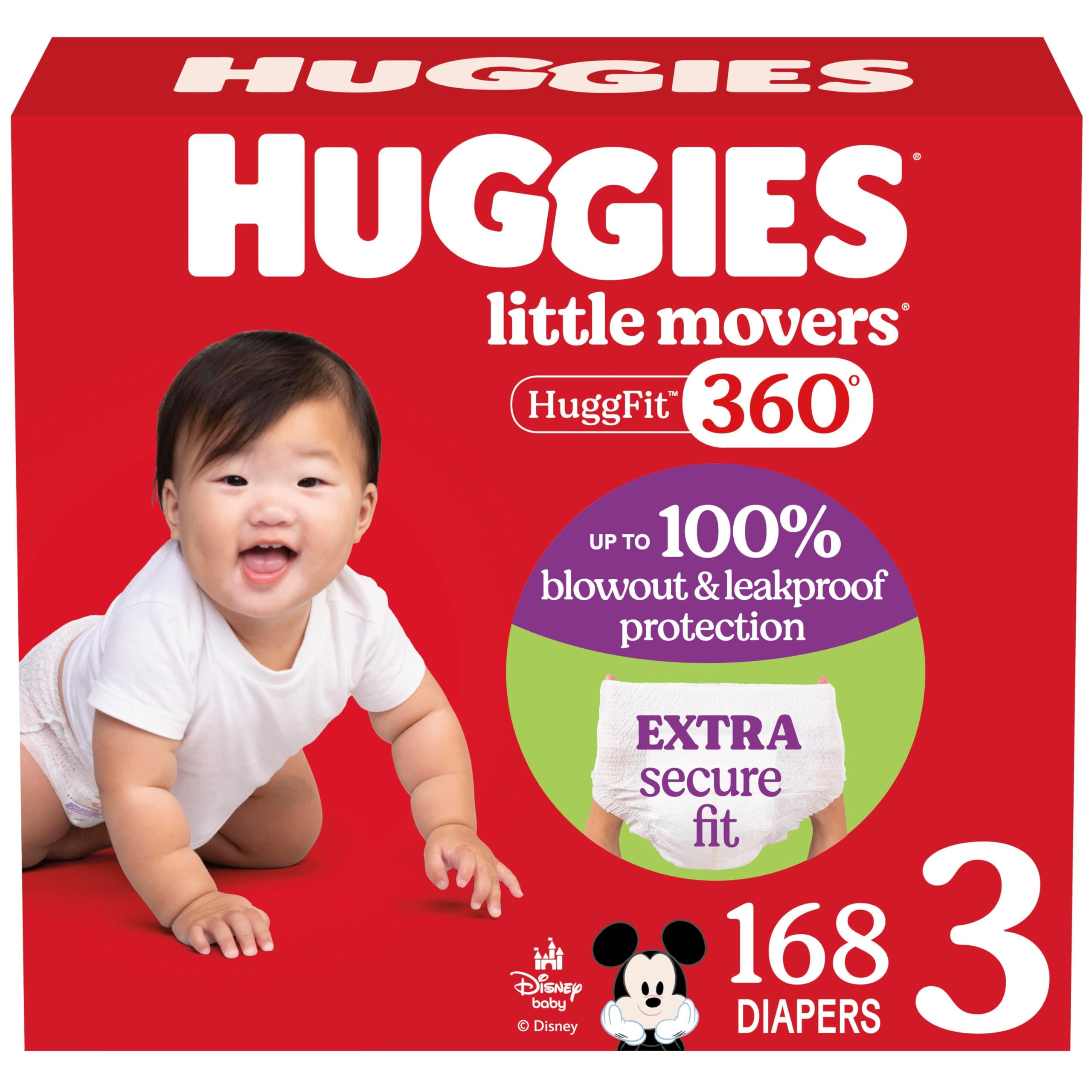 Photo 1 of Huggies Size 3 Baby Diapers, Little Movers HuggFit 360° Baby Diapers with 360° Waistband, Size 3 (16-28 lbs), 168 Count (3 Packs of 56), Packaging May Vary