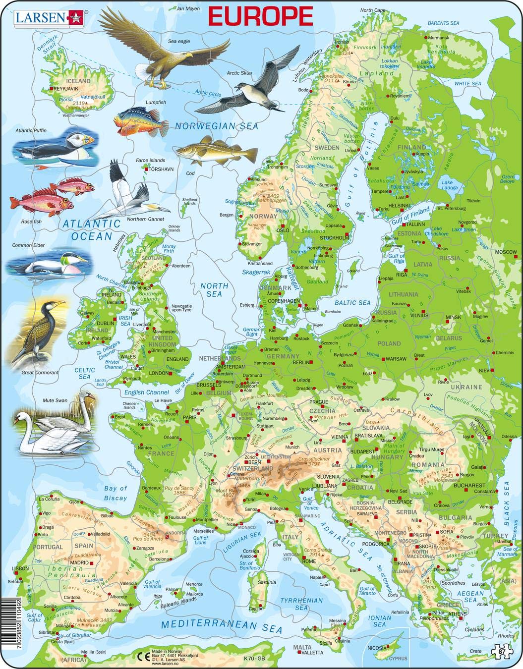 Larsen Puzzle Europe Map, Ages 7+, Topographic Jigsaw, Educational Geography Puzzle, Contour & Figure Pieces, 87-Piece Tray & Frame, English Edition, Gift for Kids & Classroom