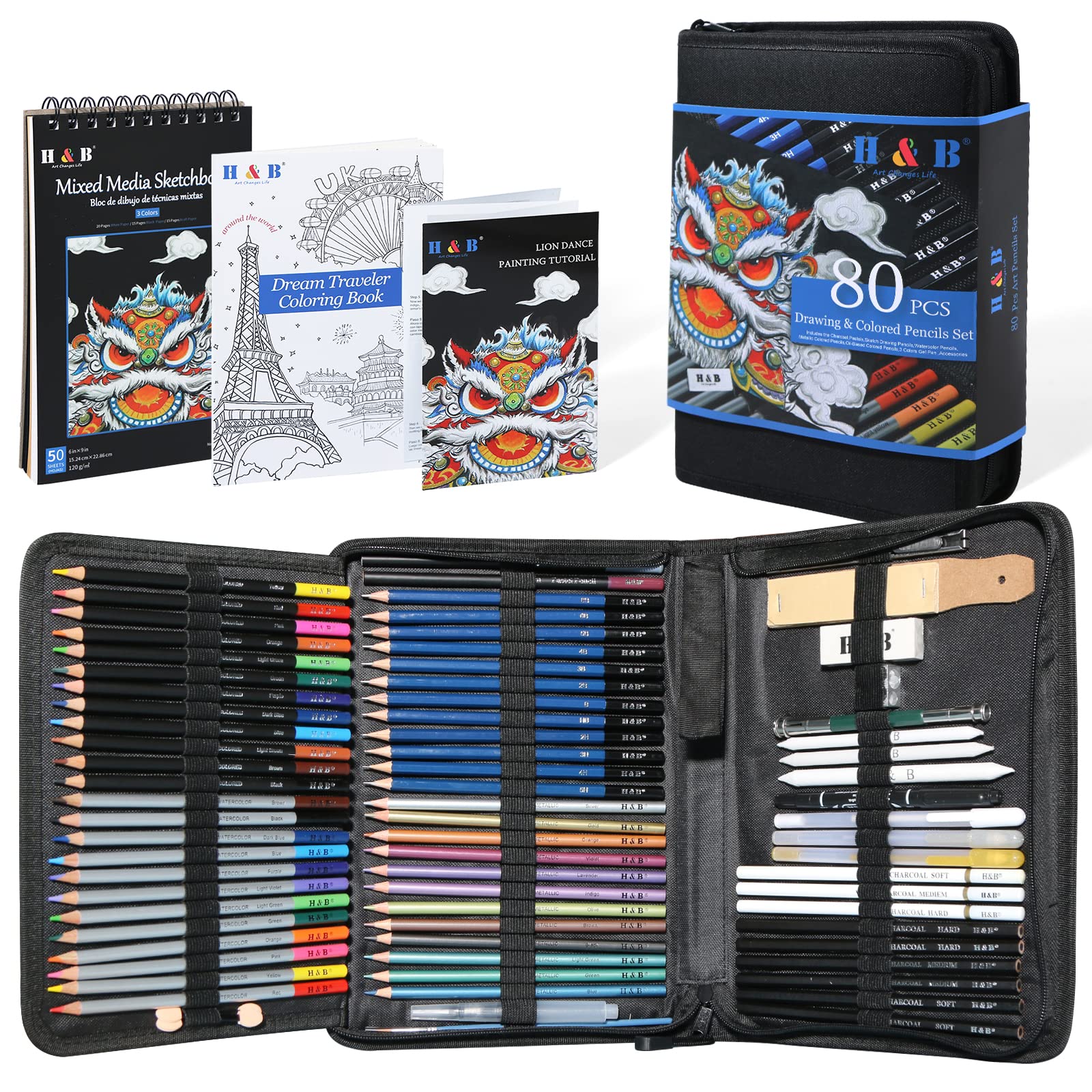H & B 80pcs Drawing Set Sketching Pencil Set, Professional Colouring Pencils With Colouring Book,3 Colors Sketchbook,Art Supplies for Adults,Artists,Beginners — image 1