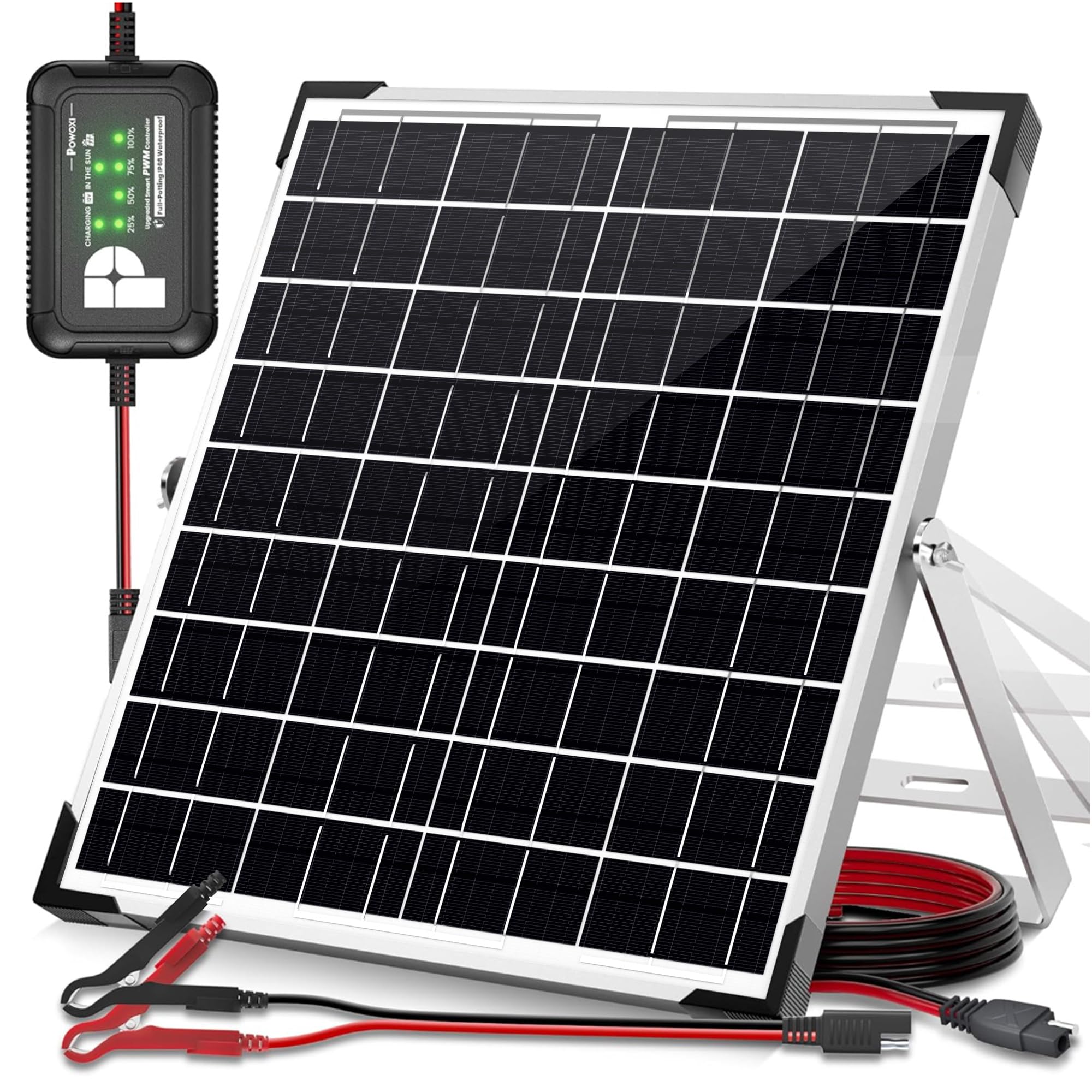 POWOXI 20W 12V Solar Panel Kit, Monocrystalline Solar Battery Trickle Charger Maintainer + Upgrade 10A Smart Battery Protection Controller for Car, RV, Boat, Caravan & Outdoor Use