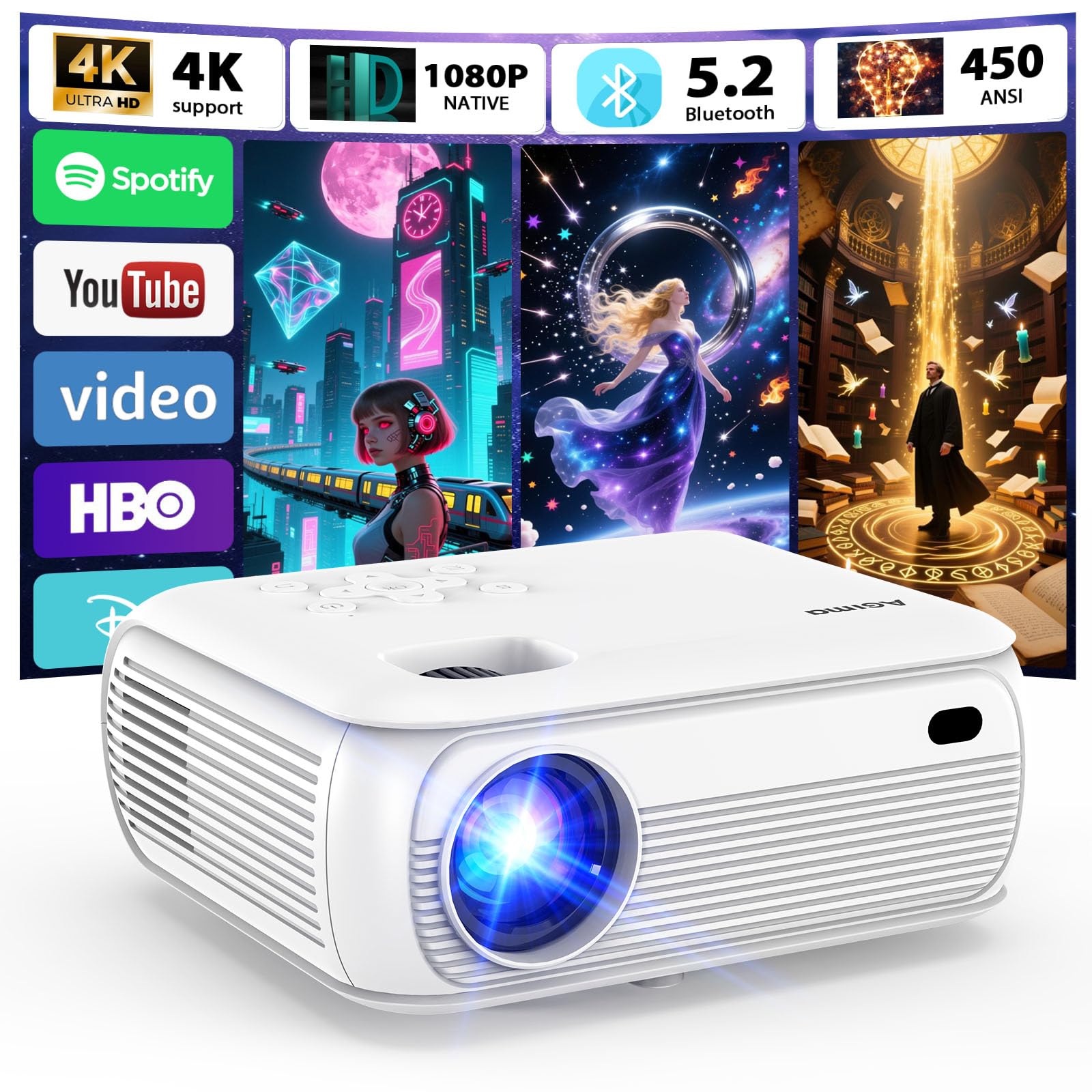 Photo 1 of [Smart OS/1080P Native] 2K with WiFi and Bluetooth 1080P Native 4K Support 450ANSI Built-in Apps Smart Android TV OS Projector, WiFi 6, Bluetooth 5.2 & Digital Keystone Projector, White
