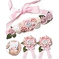 BumpPetal Flower Sash Set, Baby Shower Mom to Be Daddy to Be Corsage Pin, Pink Flower Belt for Maternity Dress, Pregnancy Photo Props Supplies, Gender Reveal Decorations