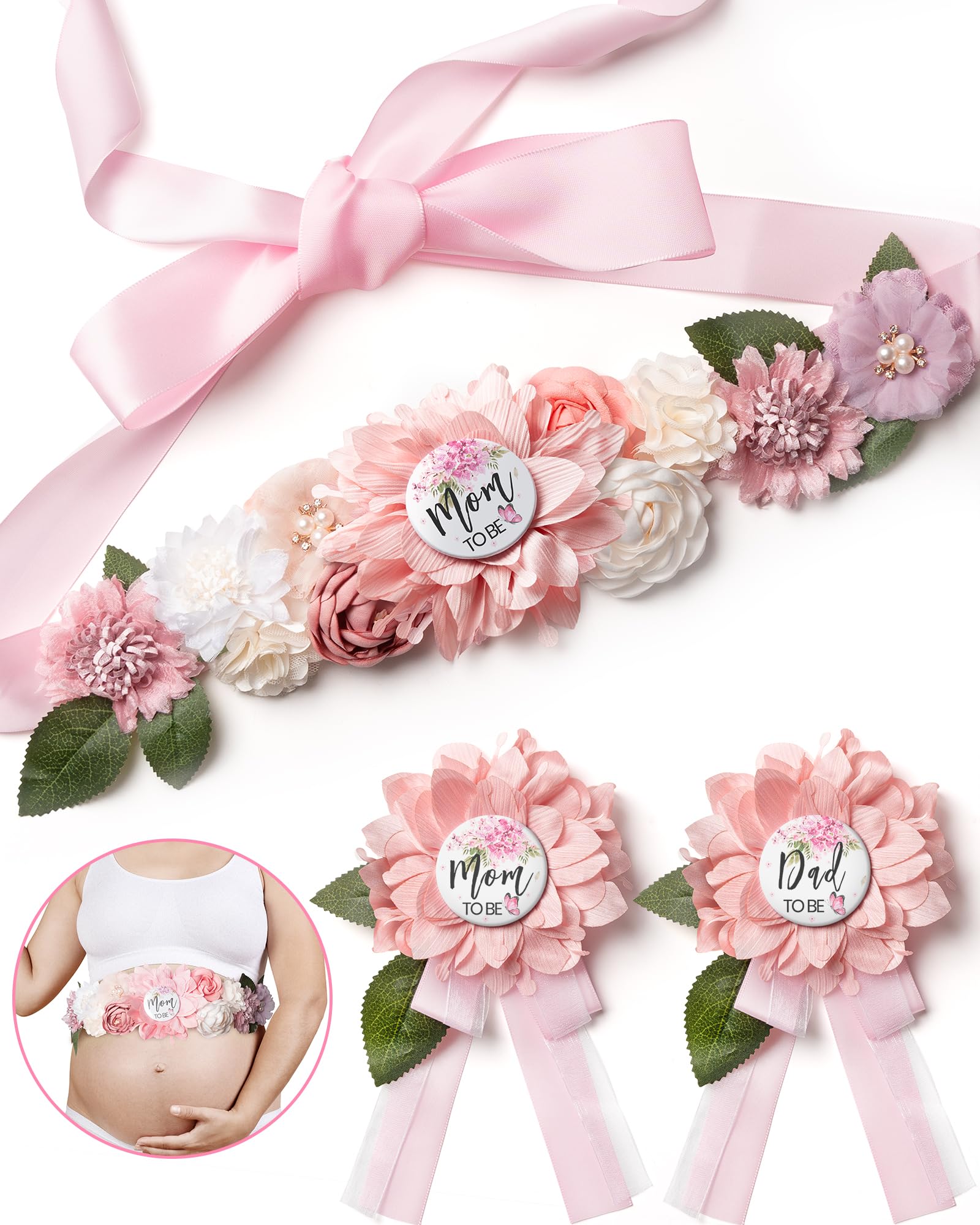 Photo 1 of BumpPetal Flower Sash Set - Baby Shower Mom to Be Daddy to Be Corsage Pin - Flower Belt for Maternity Dress - Pregnancy Photo Props Supplies (Barbie Pink)