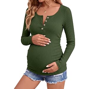 CloudFruit Women Maternity Ribbed Henley Tops | Cotton Ribbed Fabric, Pregnancy, Slim Fit, Scoop Neck, Long Sleeve, Henley Bu