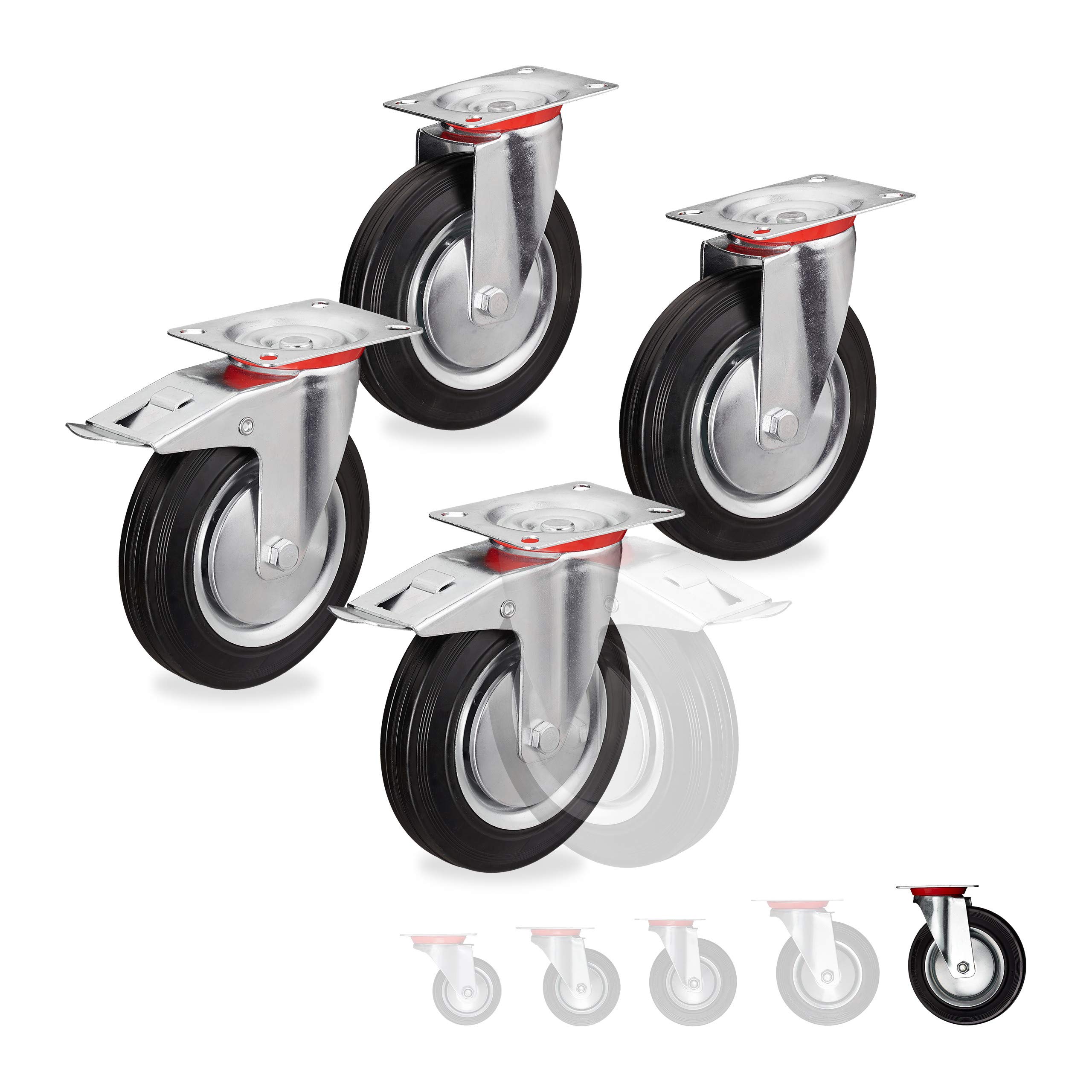Relaxdays Heavy Duty Castors Set of 4, Rotatable, 2 Wheels, with Brake, Load Capacity up to 800kg, Wheel D: 200mm, Black