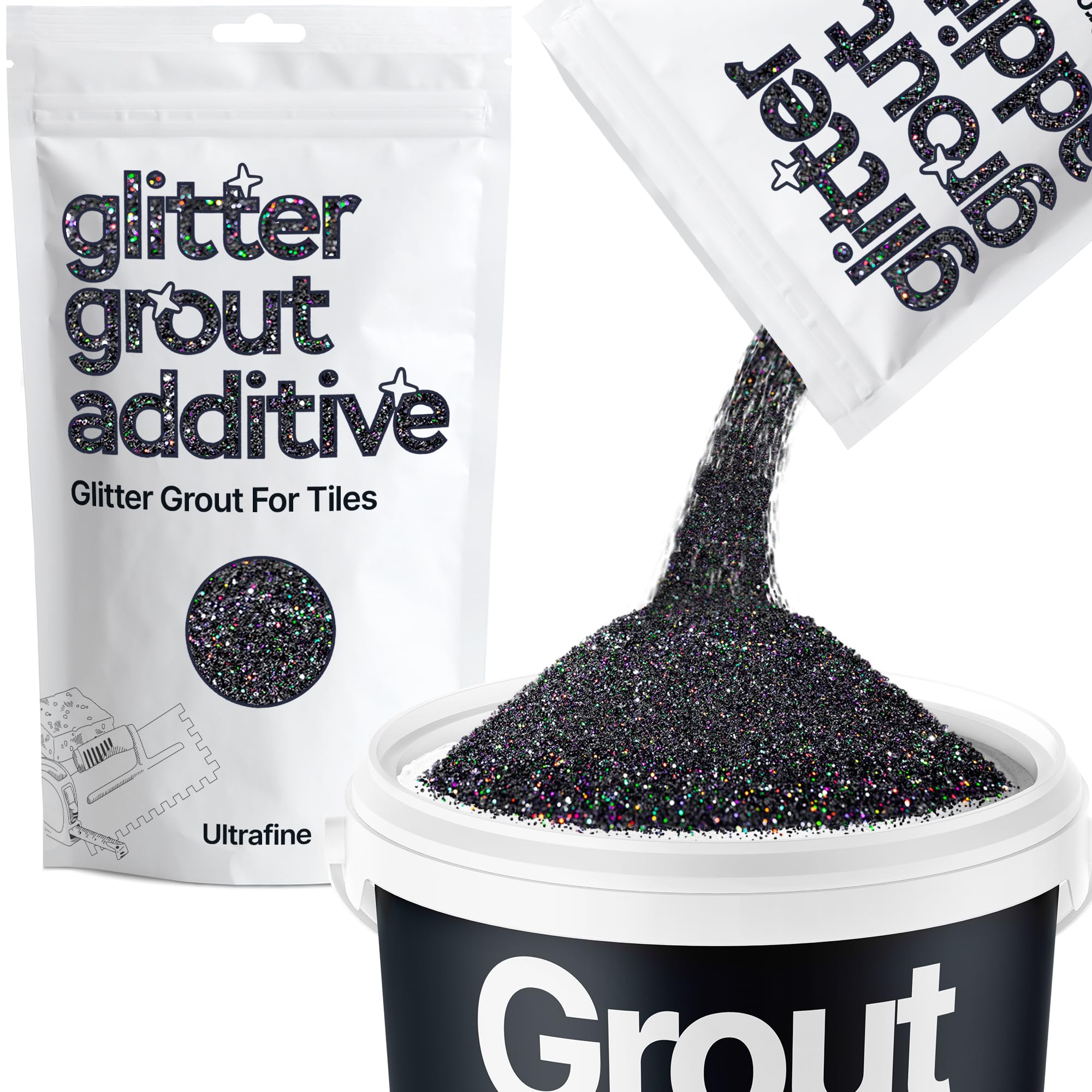Hemway Black Holographic Glitter Grout Additive Ultrafine 100g Metallic Flakes for Adding Sparkle to Kitchen & Bathroom Tiles | Enhance Your Indoor Grouting Projects with a Durable Sparkly Effect