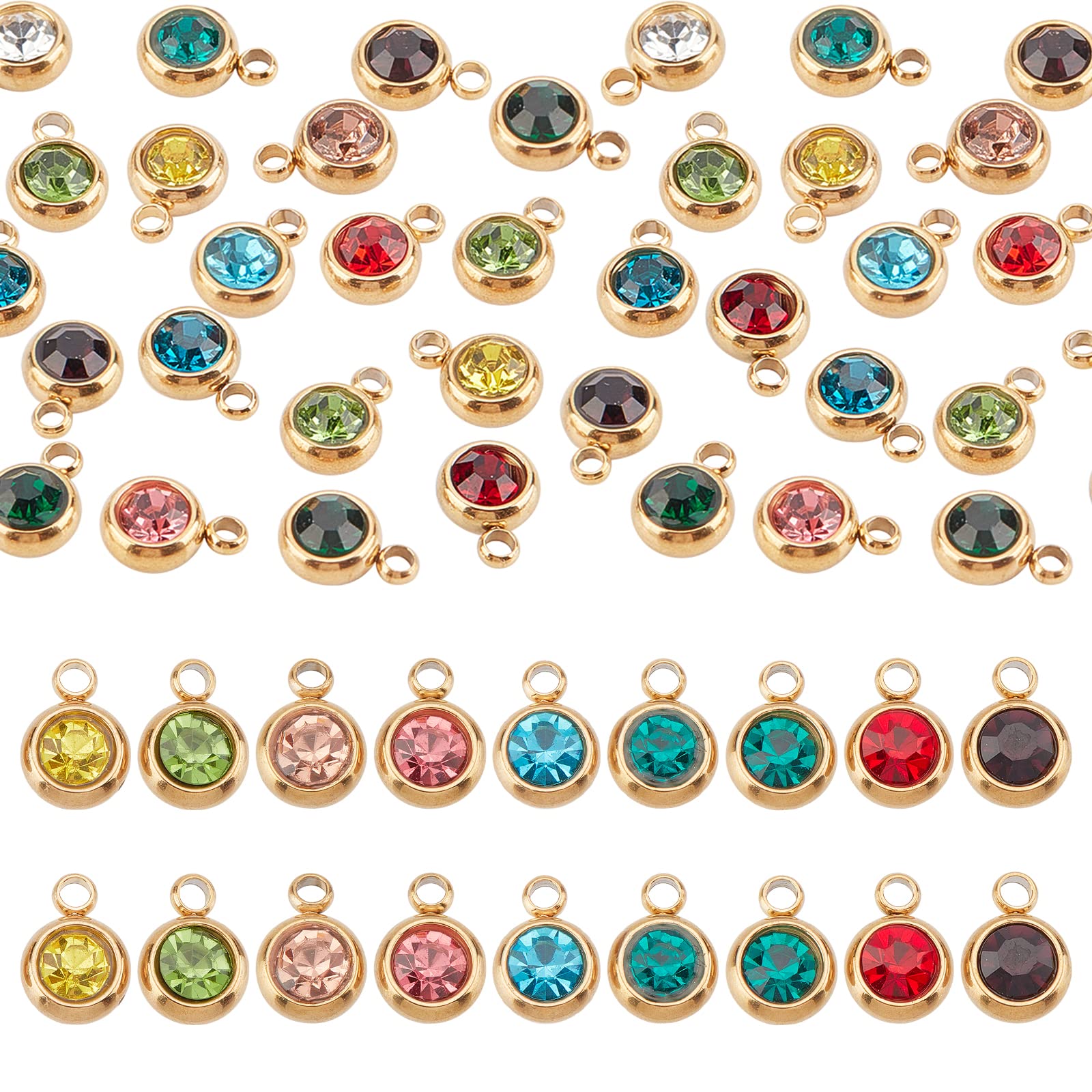 UNICRAFTALE 24Pcs 12 Colors Rhinestone Pendants Crystal Glass Charms Flat Round Gold Plated Birthstone Pendants With Vacuum Plating Metal Dangle Charms for DIY Bracelets Necklaces Jewelry Making