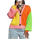 OYOANGLE Women's Color Block V Neck Button Up Cardigan Sweater Long Sleeve Trendy Fall Outerwear
