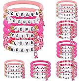 Huquary 24 Pcs Pink Ribbon Charm Breast Cancer Awareness Bracelets Bulk Breast Cancer Awareness Accessories Polymer Clay Letter Beaded Stretch Bracelets Survivor Gifts for Women Encouragement Items