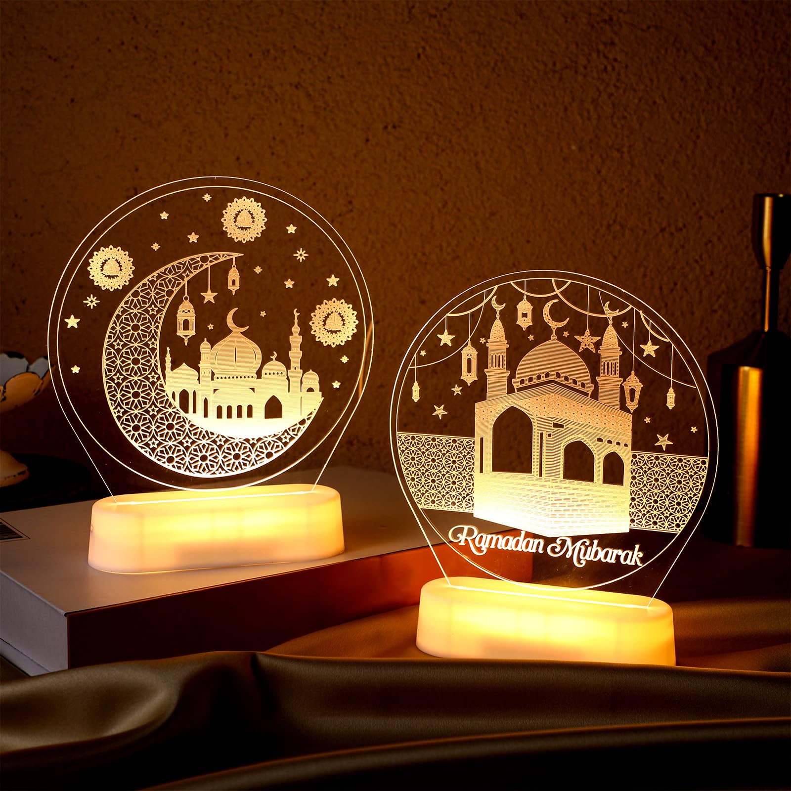 Photo 1 of 2 Pcs Ramadan Decorations Lights for Home Eid Mubarak Table Decor LED Ramadan Night Lights Crescent Moon Castle Lantern Centerpiece for Home Islamic Mosque Muslims Crafts Table Decor Eid Gifts(Lovely)