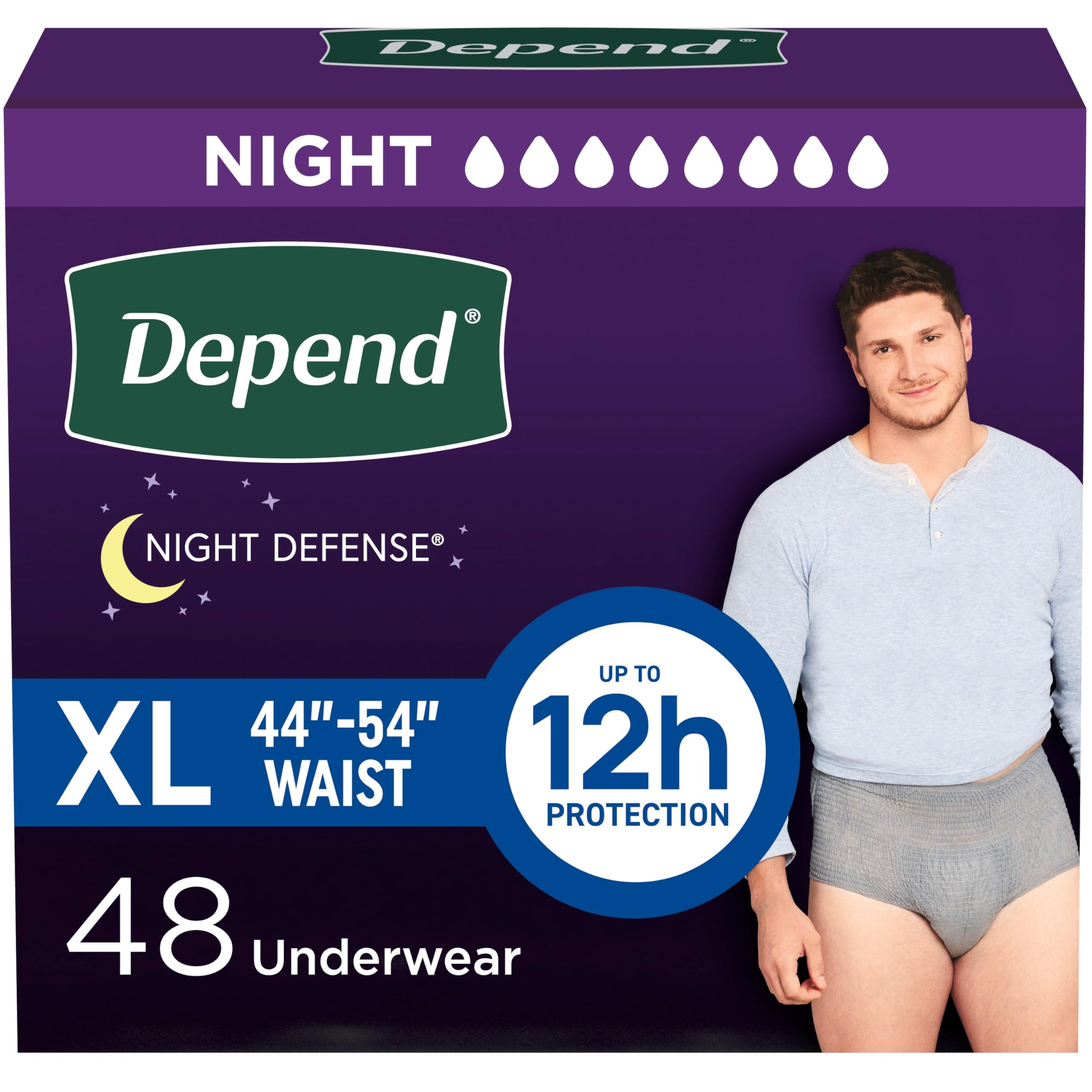 Photo 1 of Depend Night Defense Adult Incontinence Underwear for Men, Disposable, Overnight, Extra-Large, Grey, 48 Count (4 Packs of 12), Packaging May Vary