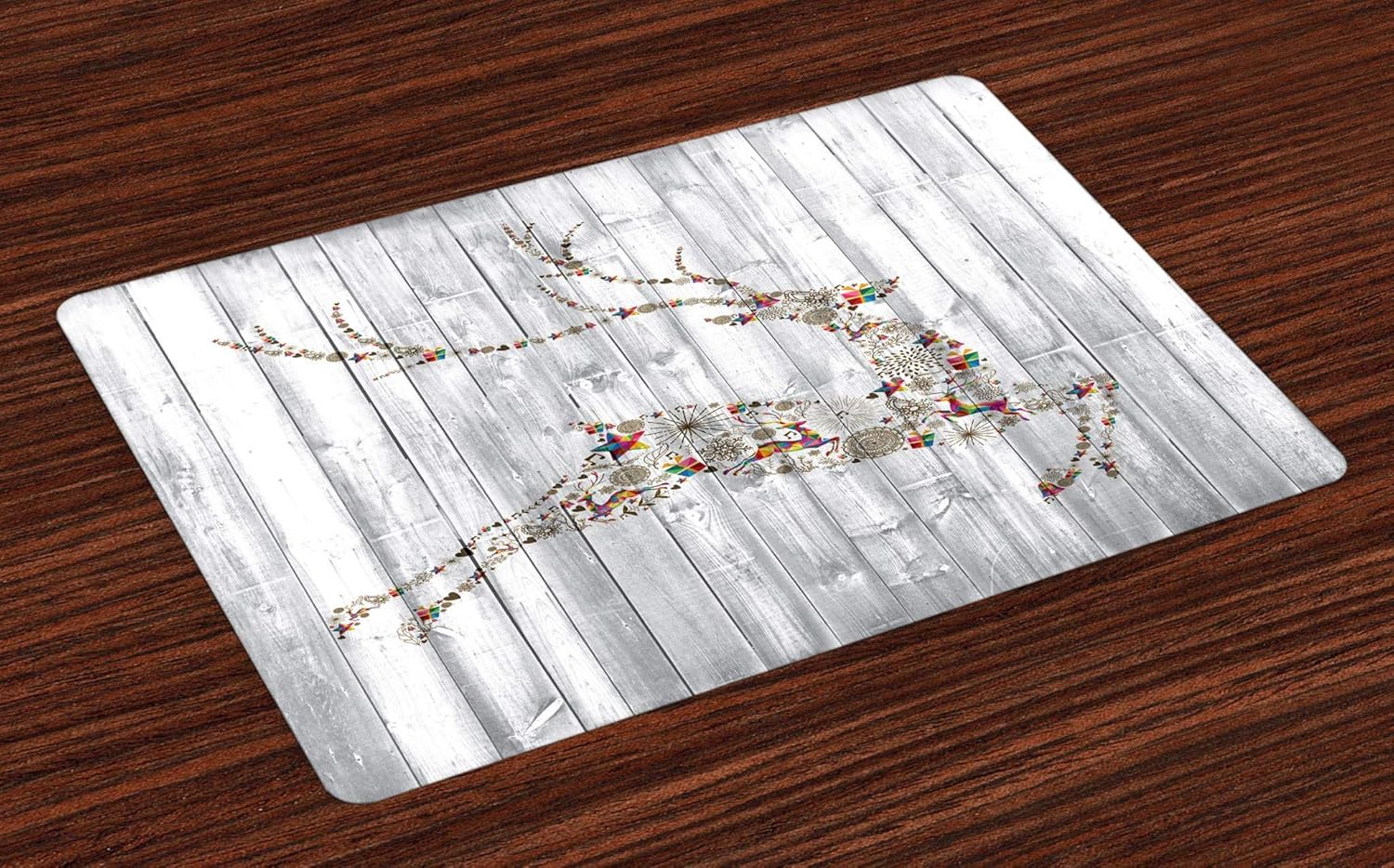 Ambesonne Deer Place Mats Set of 4, Colorful Animal Silhouette with Various Christmas Elements Wooden Planks, Washable Fabric Placemats for Dining Table, Standard Size, Grey White