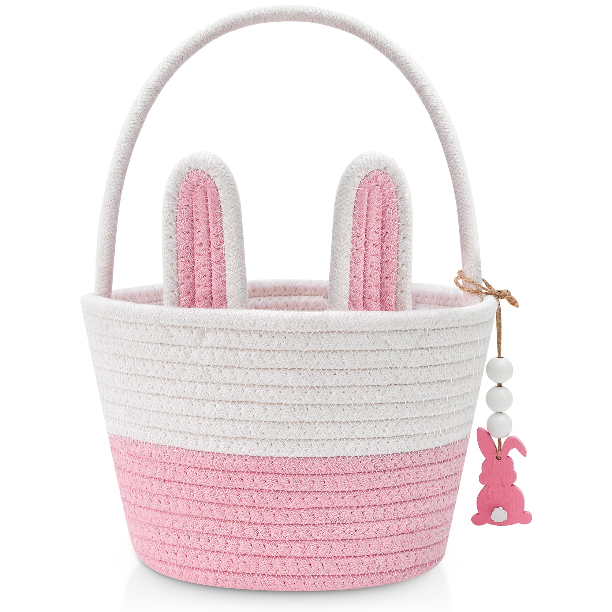 Photo 1 of Easter Baskets for Kids, Pink Small Woven Rope Bunny Personalized Easter Basket Empty with Handle, Basket Name Tag, Baby Egg Easter Baskets Gifts for Girls Boys Toddler Babies, 8.7" x 6.9" x 6.3"