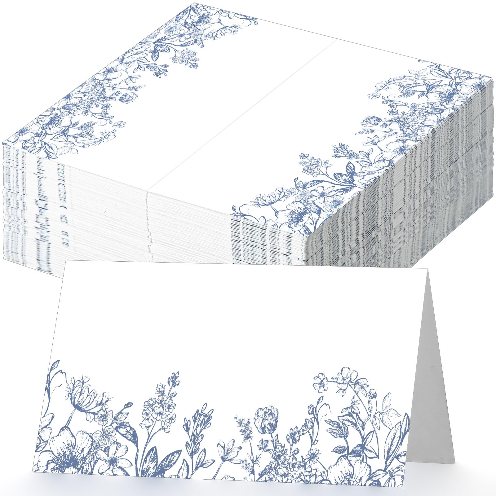 Photo 1 of Dunzoom 100 Pcs Blue Floral Place Cards 3.5" x 2" Chinoiserie Blue White Flower Tented Name Cards Blank Table Name Sign for Wedding Baby Shower Party Banquet Table Setting Supplies